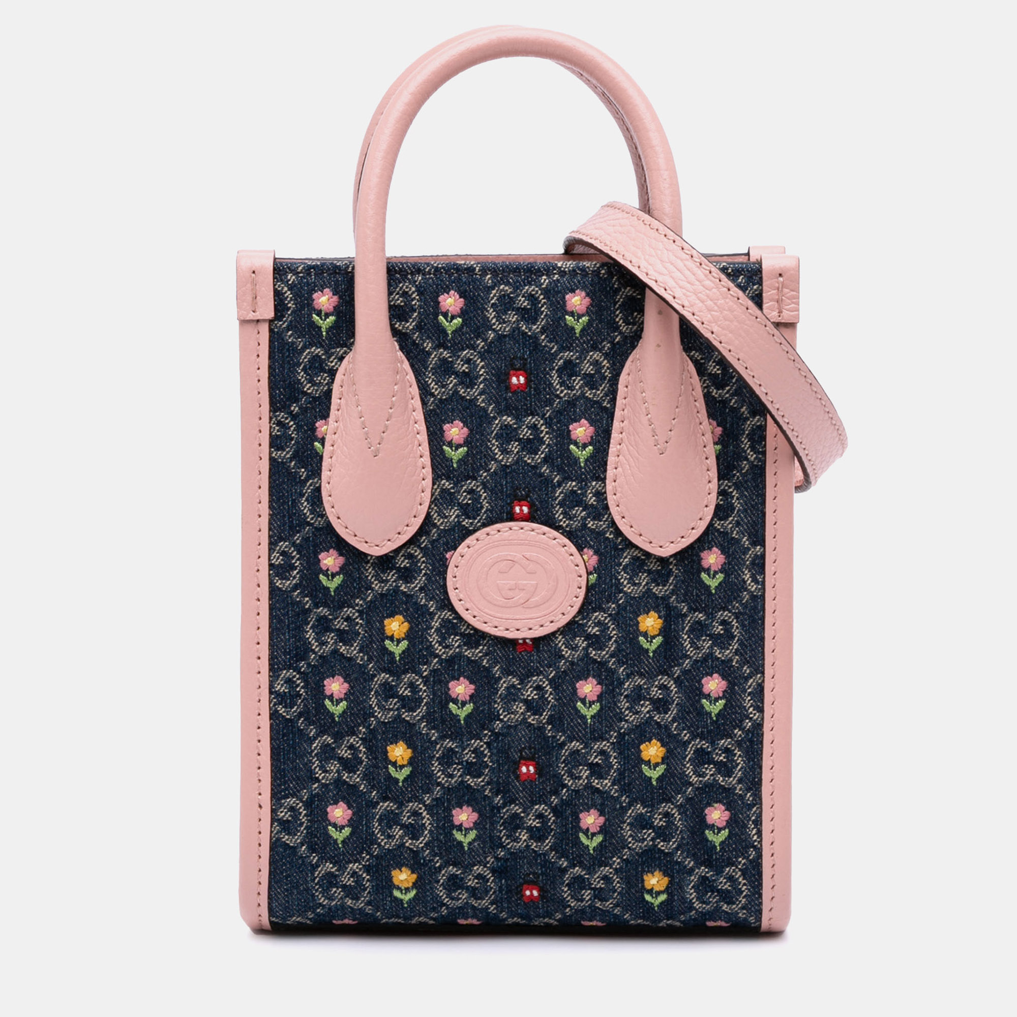 

Gucci Blue/Pink Mini GG Denim Interlocking G Flowers Tote