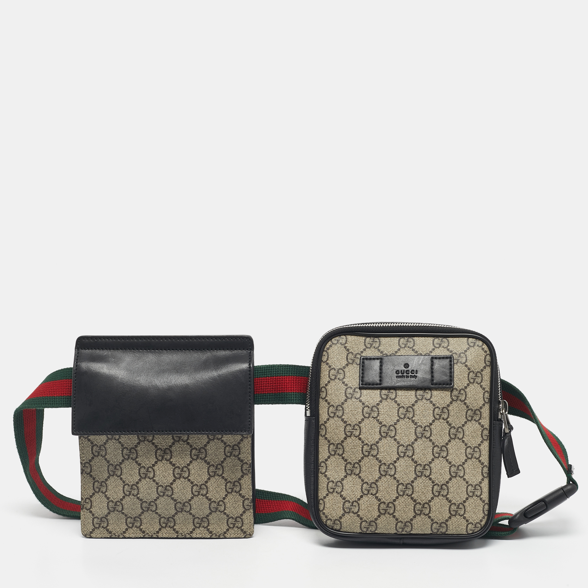 Pre-owned Gucci Beige/black Gg Supreme Canvas And Leather Web Belt Bag In Sand