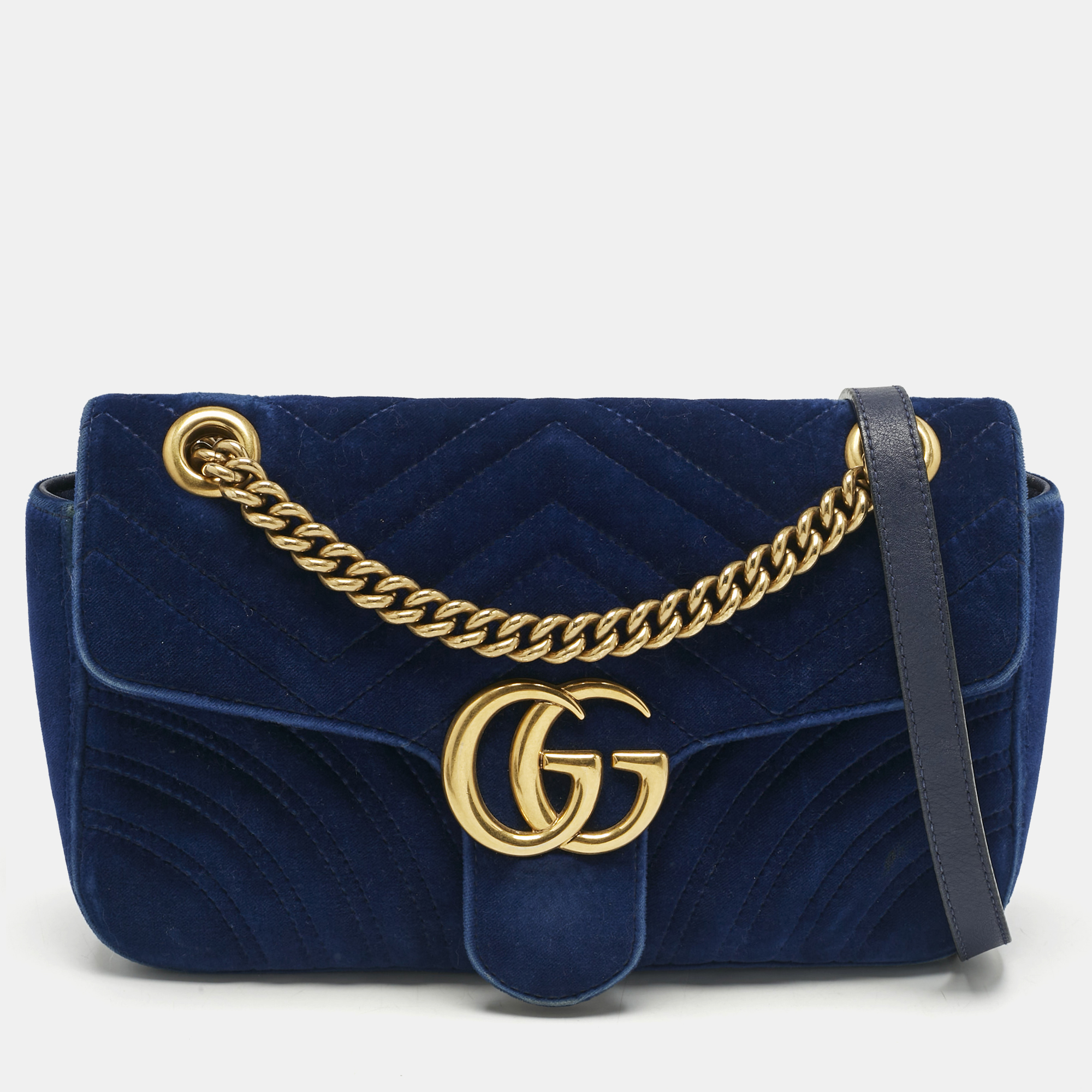 

Gucci Blue Matelassé Velvet Small GG Marmont Shoulder Bag