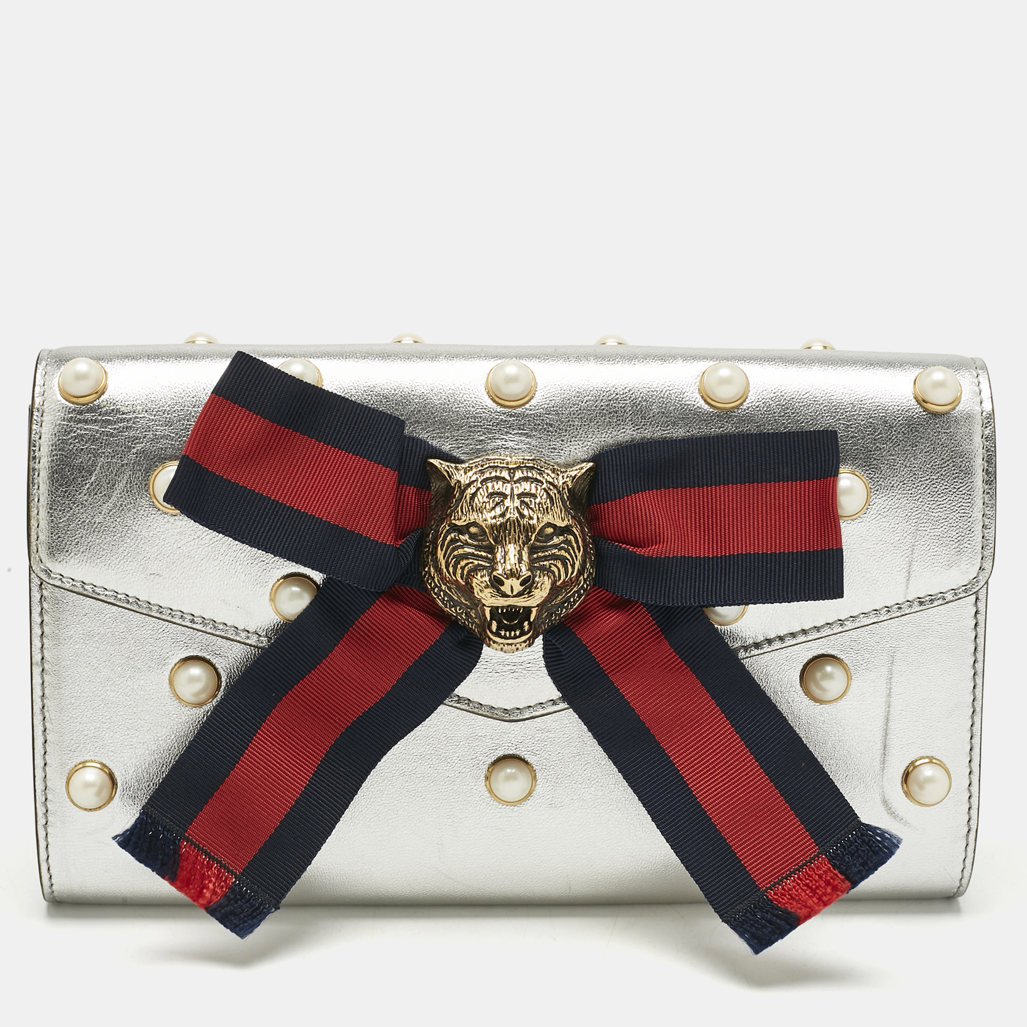 

Gucci Silver Leather Animalier Broadway Clutch