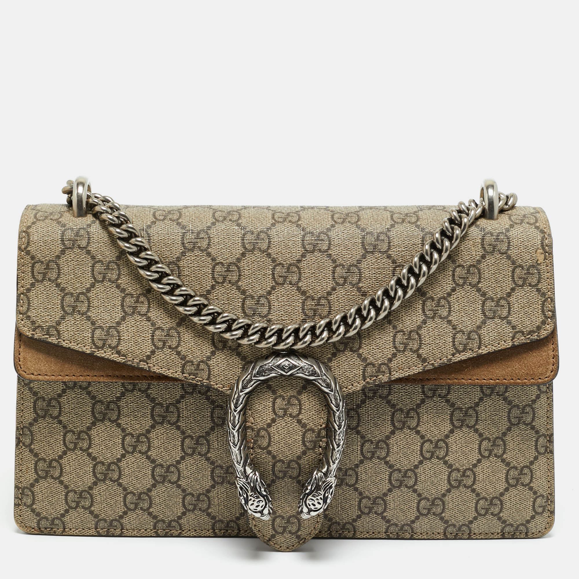 Pre-owned Gucci Beige Gg Supreme Canvas And Suede Small Dionysus Shoulder Bag In Sand