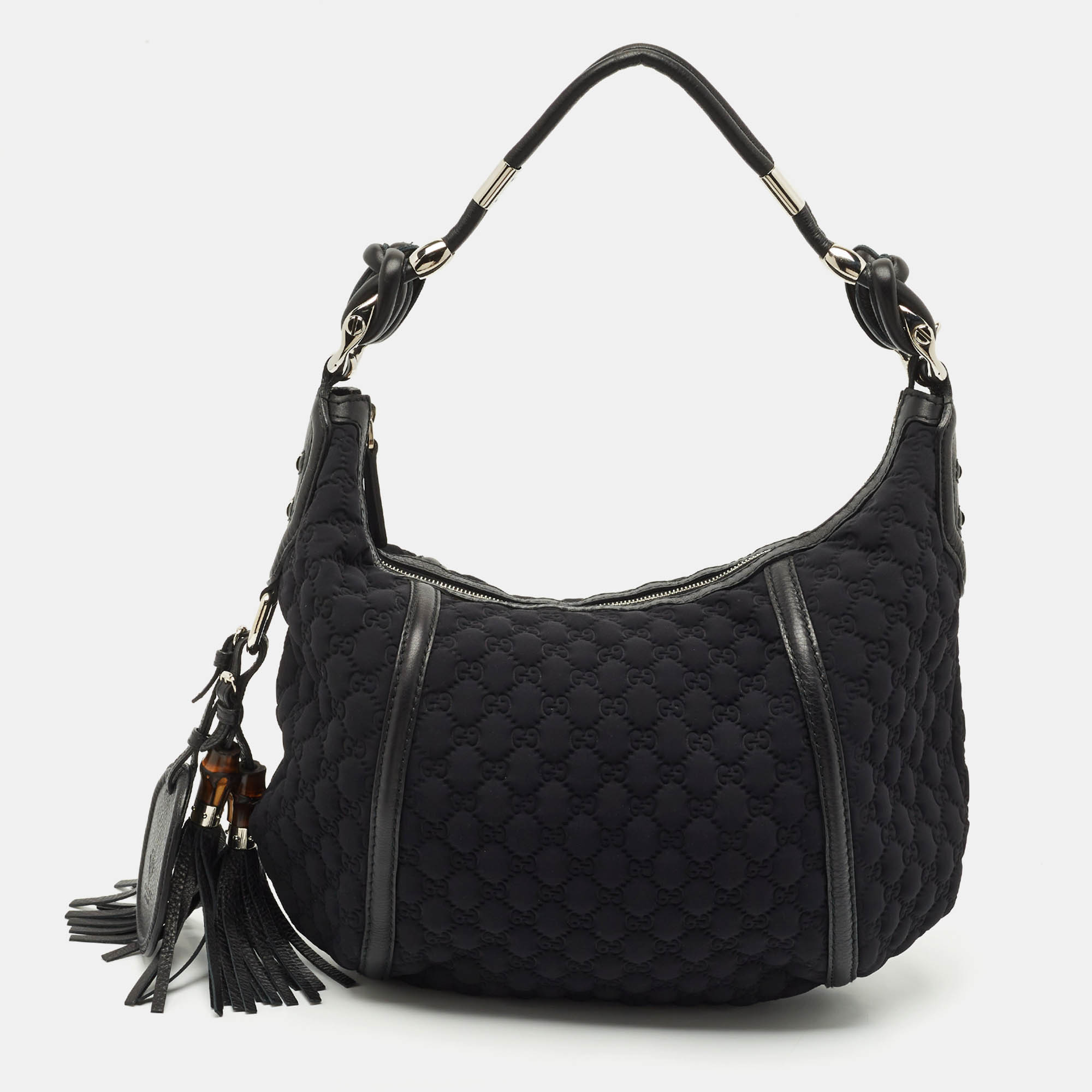 

Gucci Black GG Neoprene and Leather Techno Horsebit Hobo