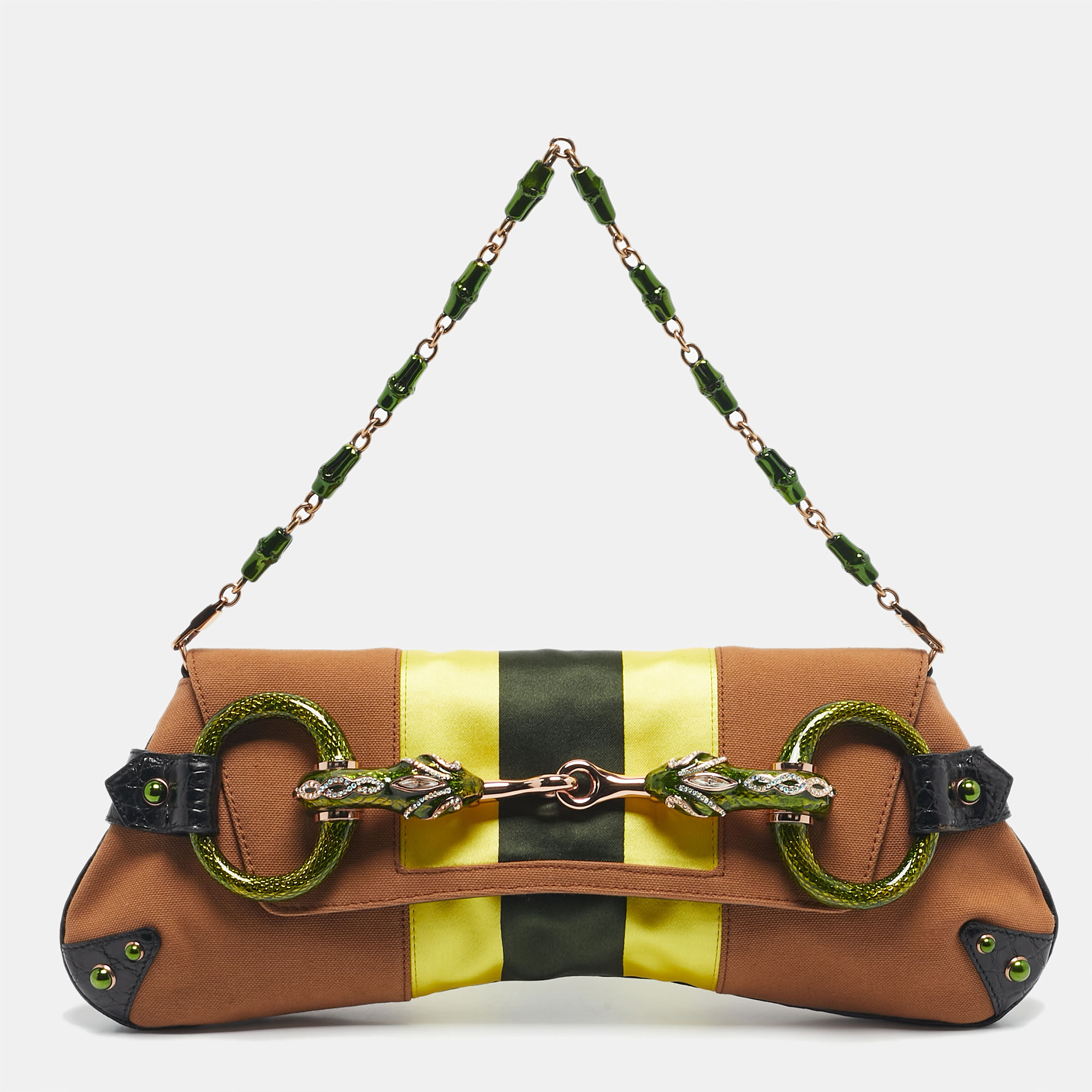 

Gucci Multicolor Canvas and Alligator Jeweled Horsebit Web Chain Clutch