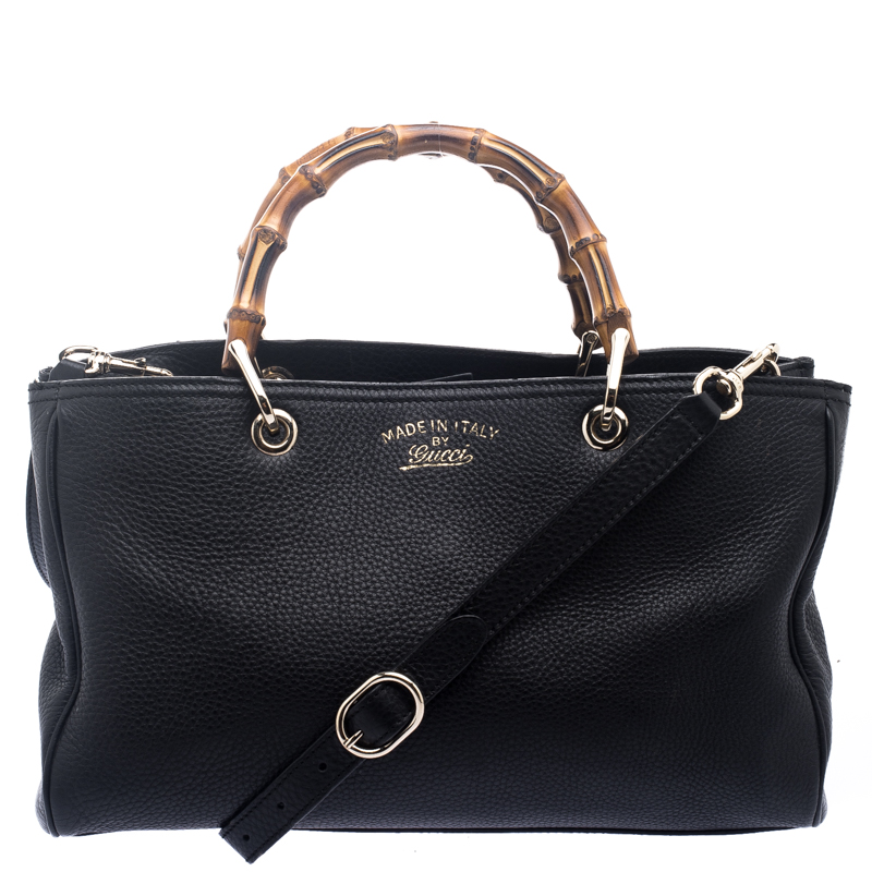 Pre Owned Gucci Black Leather Bamboo Top Handle Shopper Tote