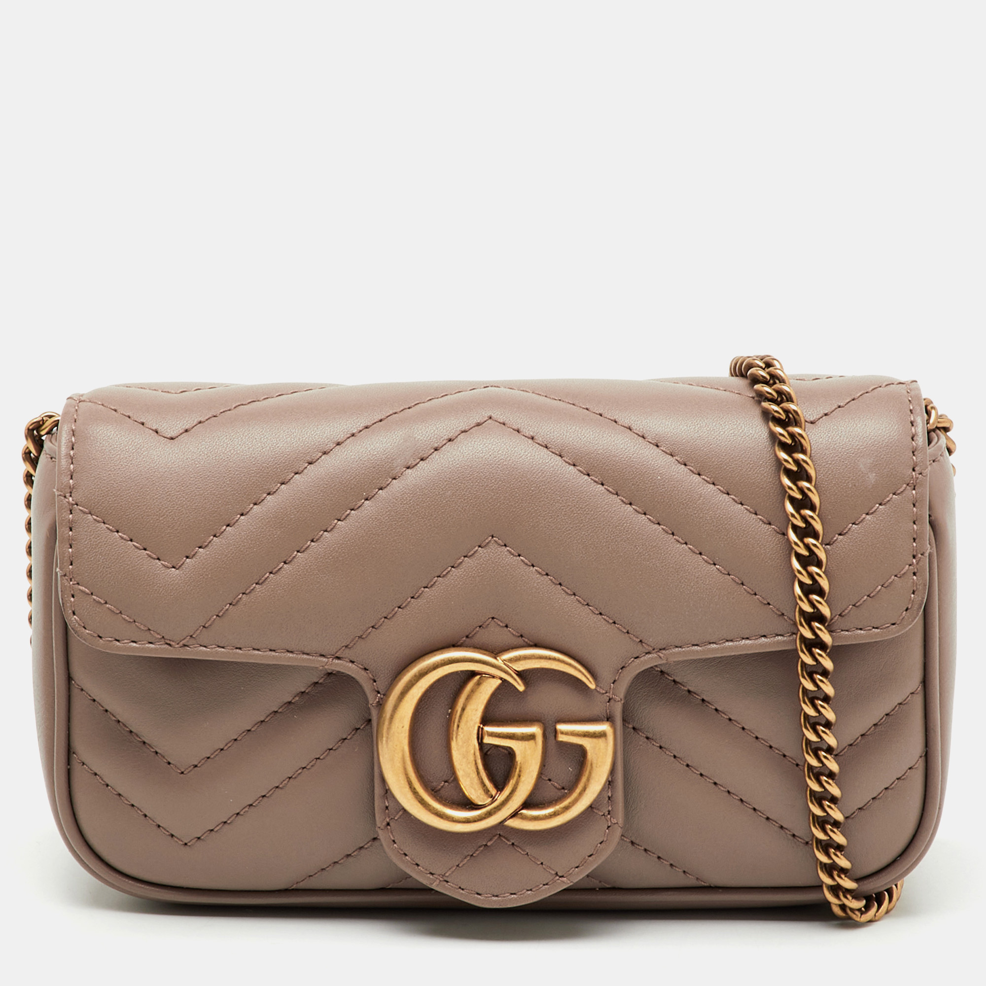 

Gucci Light Brown Matelassé Chevron Leather Mini GG Marmont Crossbody Bag
