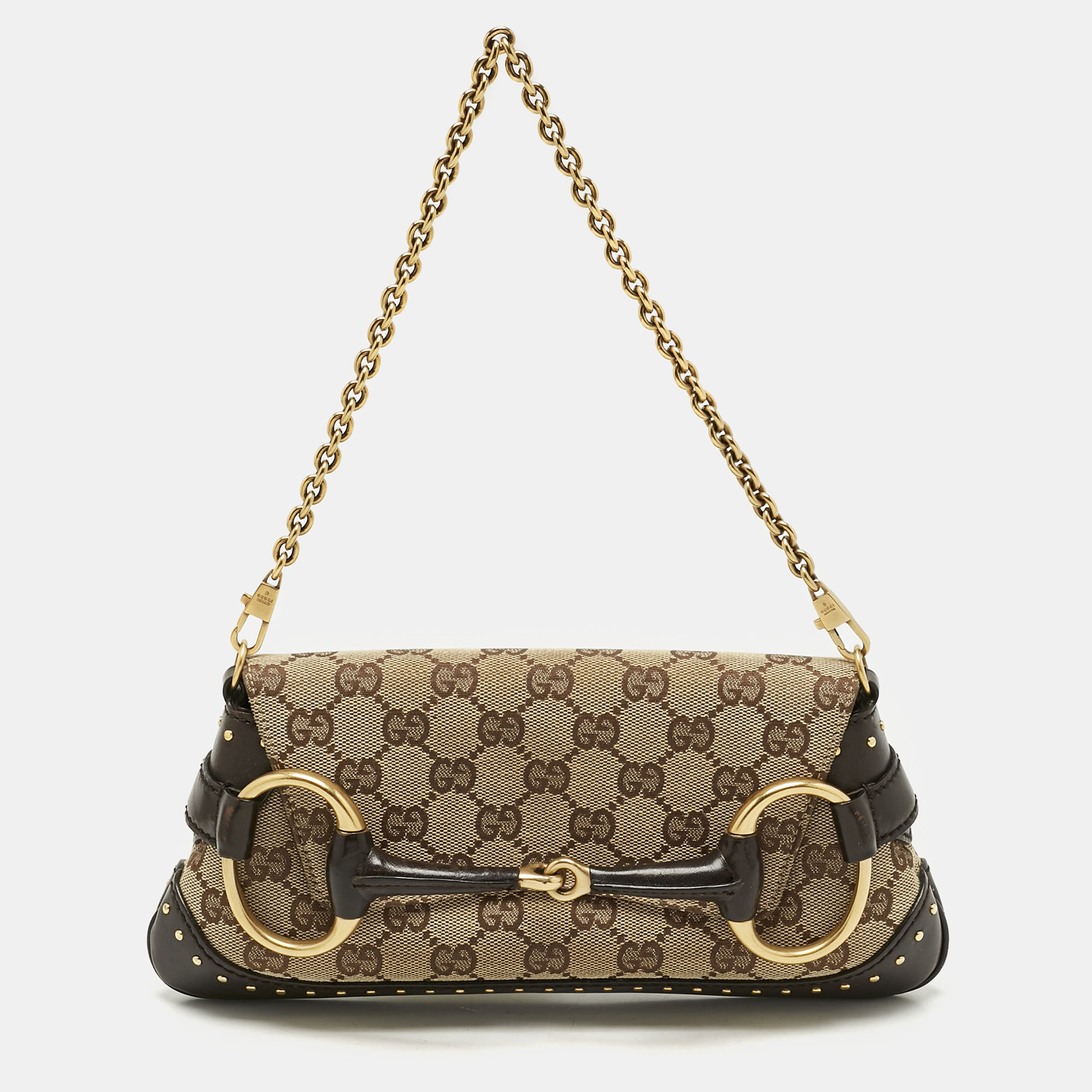 Pre-owned Gucci Beige/brown Gg Canvas And Leather Horsebit Chain Clutch In Sand