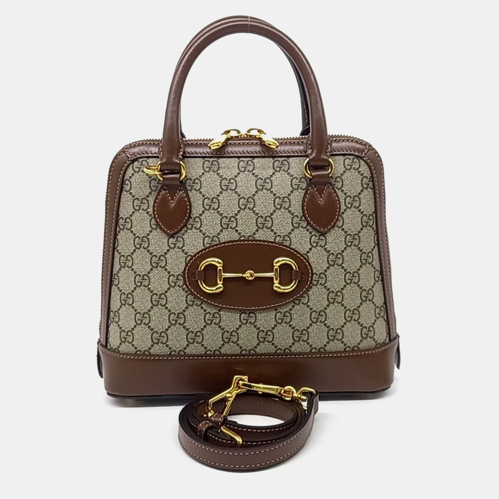 

Gucci Beige Brown PVC 1955 Horsebit Top Handle Bag Small