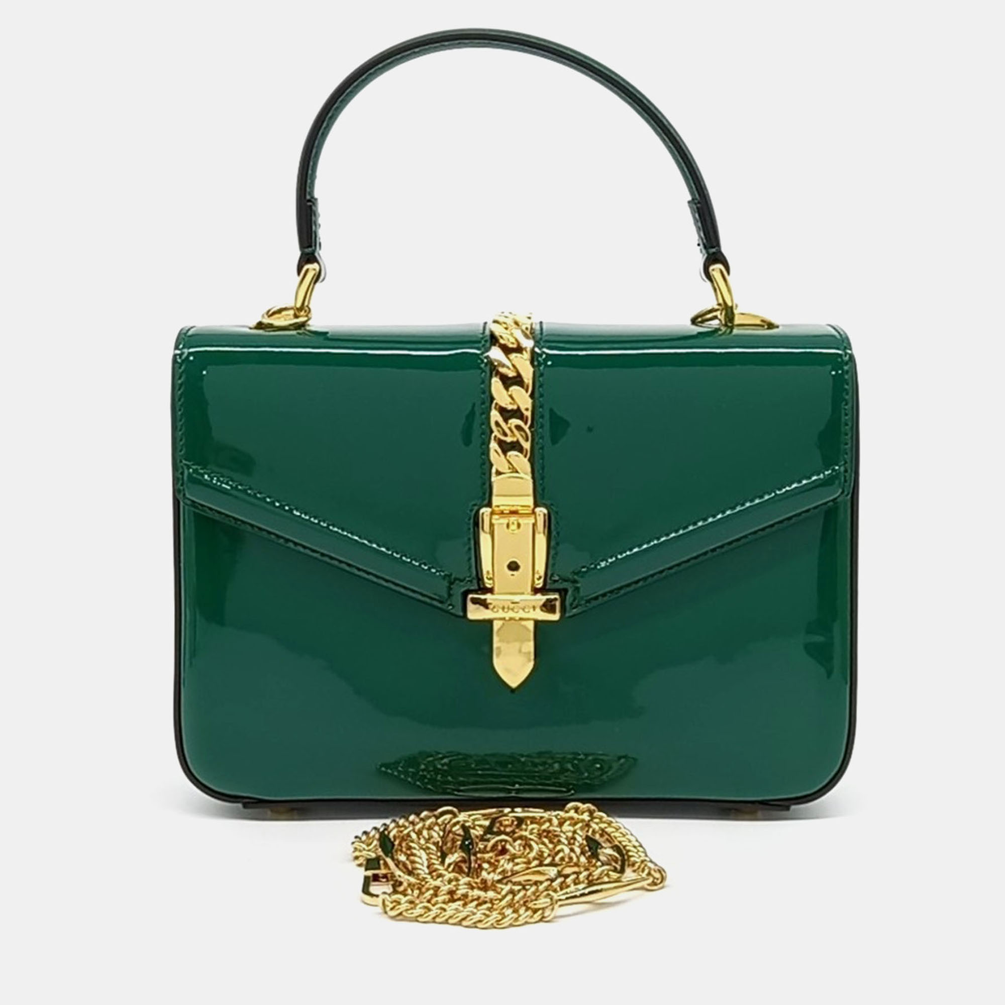 Pre-owned Gucci Green Patent Leather Patent Sylvie 1969 Mini Top Handle Bag