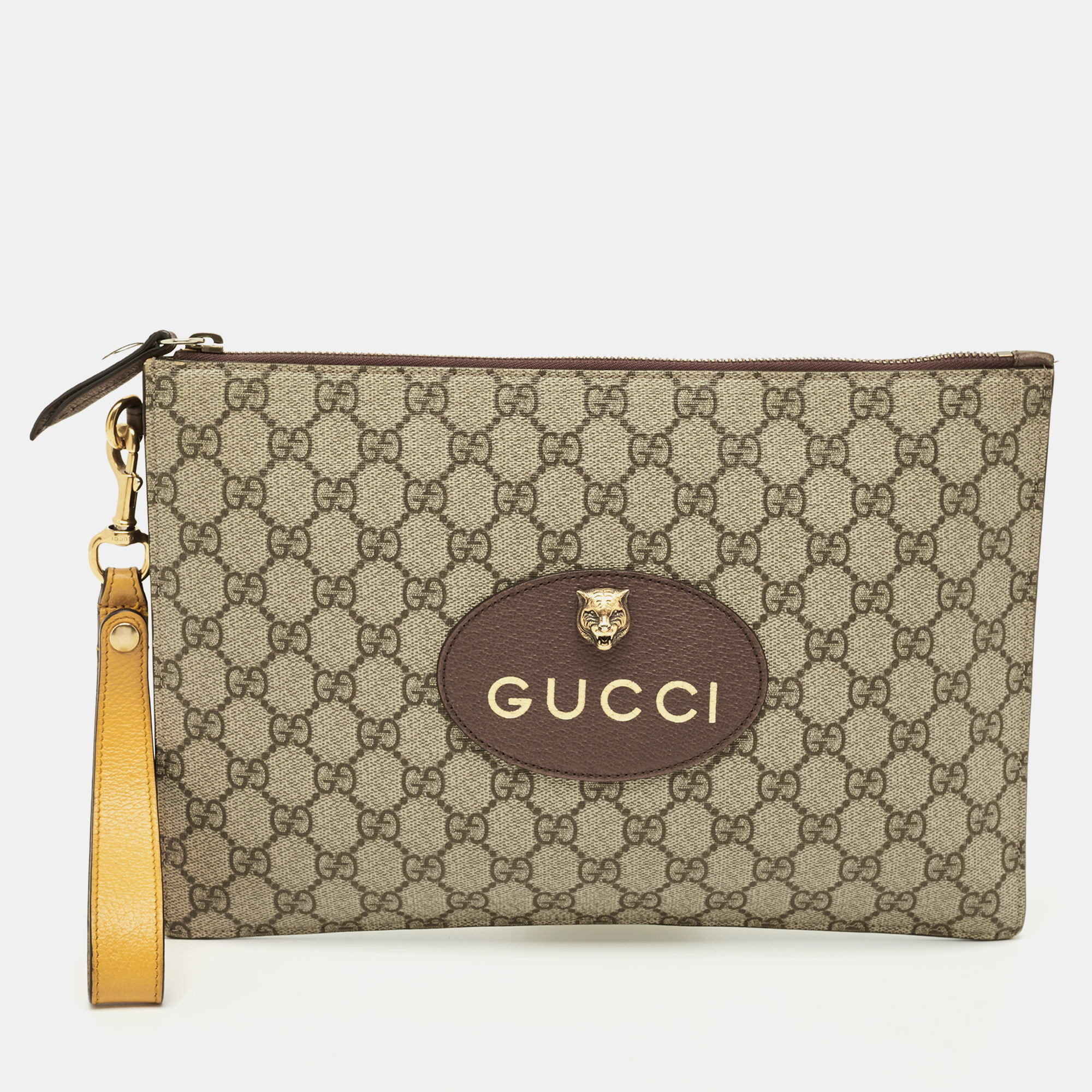 

Gucci Beige/Mustard GG Supreme Canvas and Leather Tiger Head Wristlet Pouch