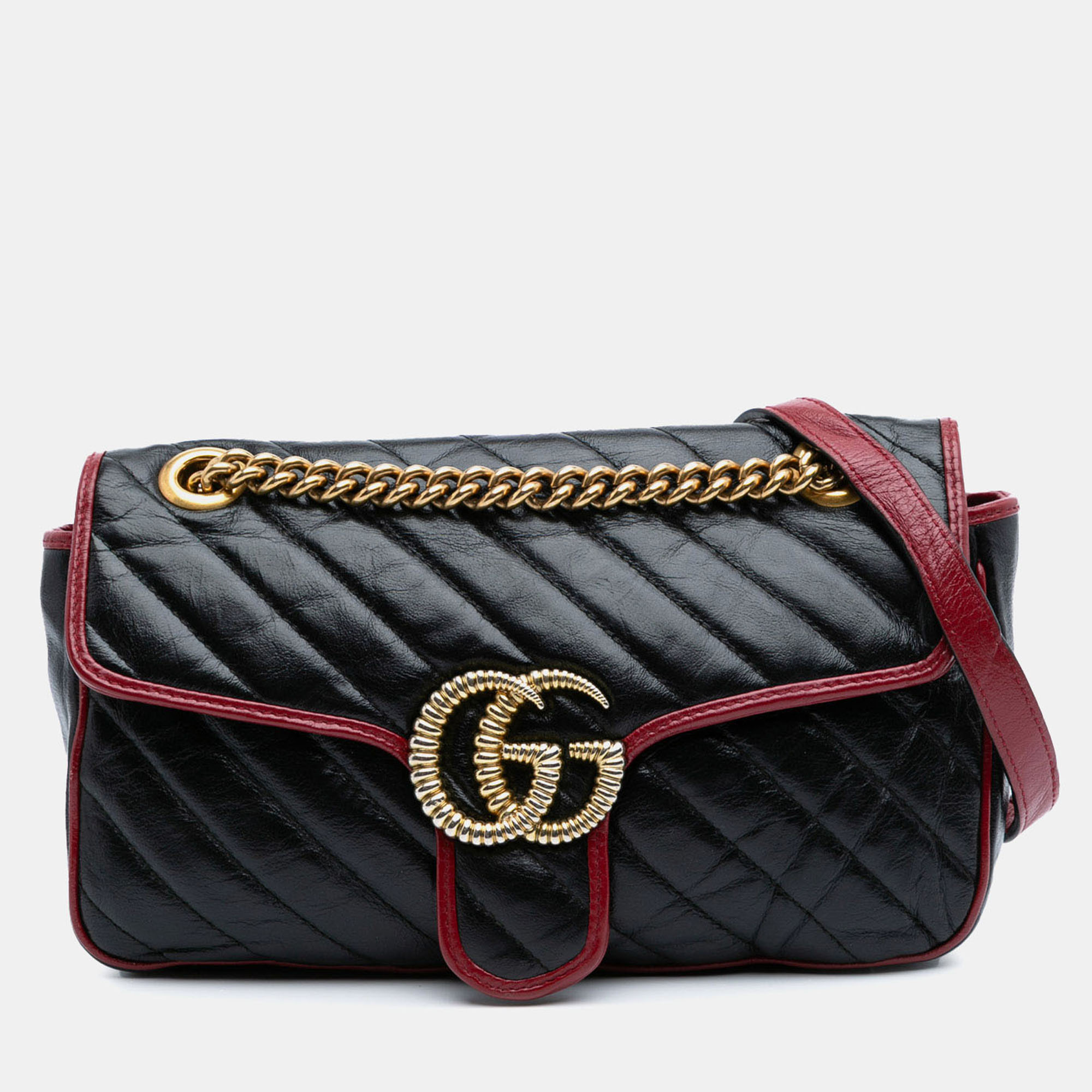 

Gucci Black/Red Small GG Marmont Matelasse Leather Torchon Flap Crossbody Bag