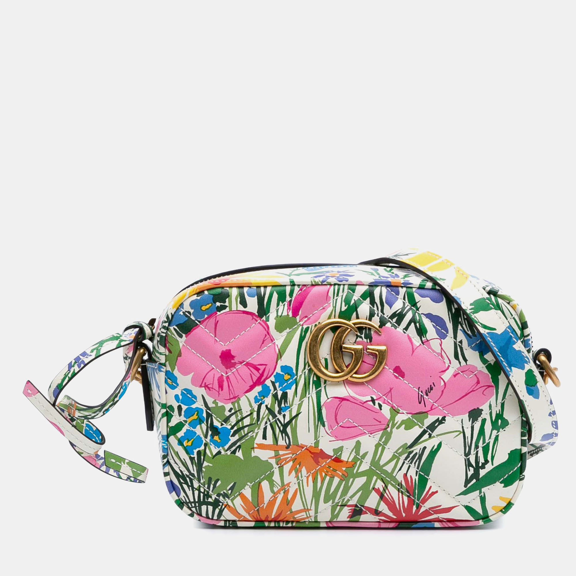 

Gucci White Ken Scott Mini GG Marmont Floral Printed Matelasse Leather Crossbody