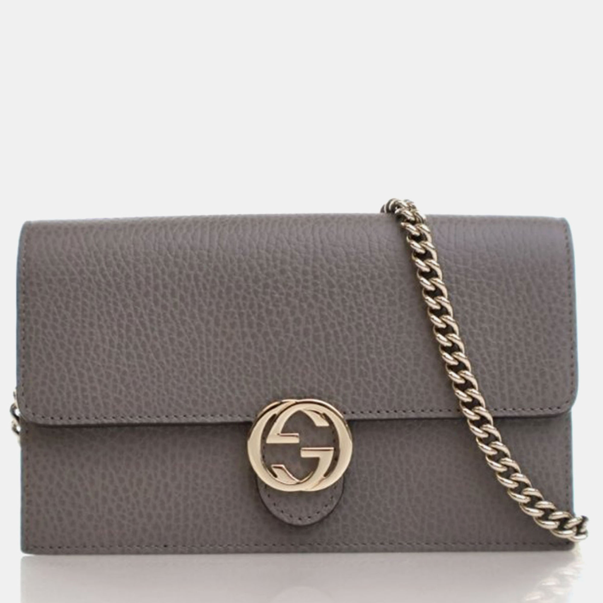 Pre-owned Gucci Calfskin Interlocking Gg Wallet On Chain In Gray