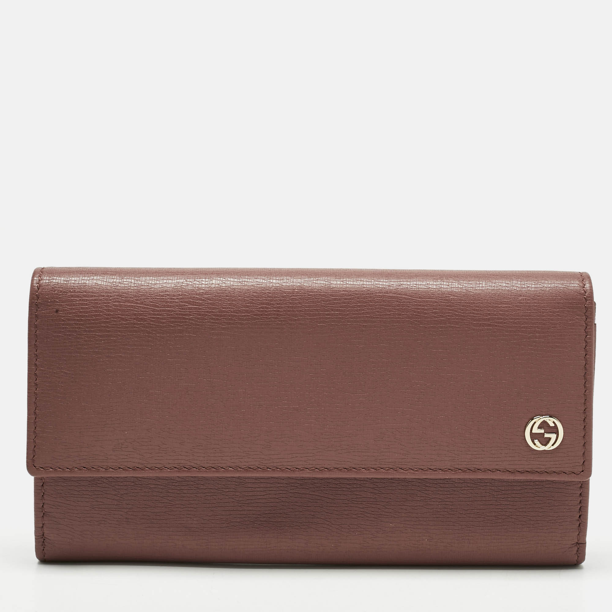 Pre-owned Gucci Old Rose Leather Interlocking G Flap Continental Wallet In Pink