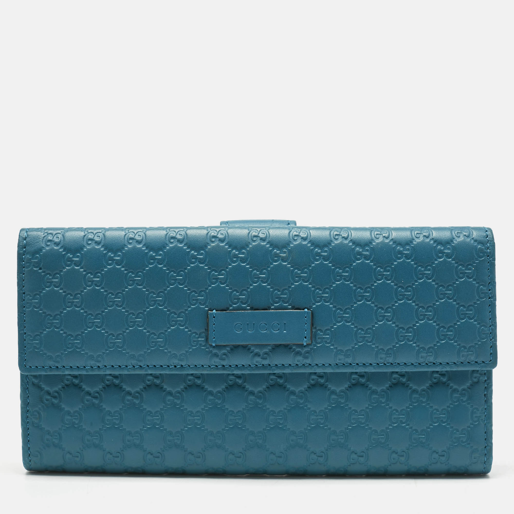 Pre-owned Gucci Teal Blue Microssima Leather Flap Continental Wallet