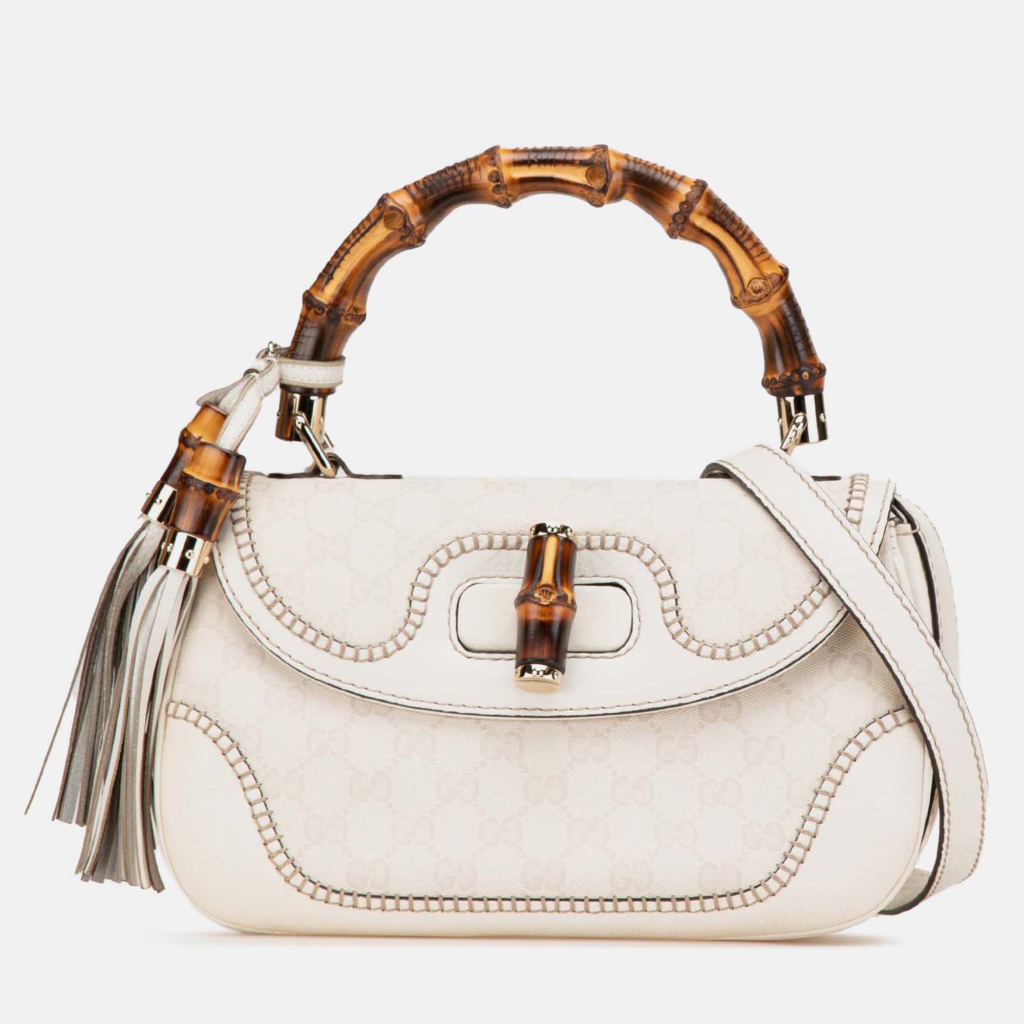 

Gucci White Medium GG Canvas New Bamboo Satchel
