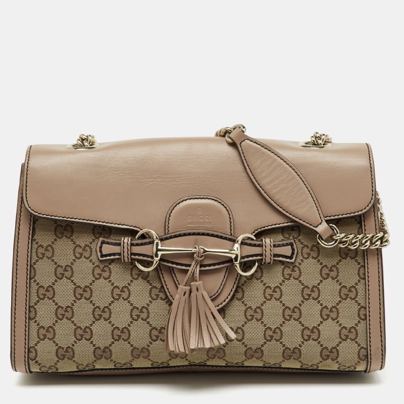 Pre-owned Gucci Beige/pink Gg Canvas And Leather Medium Emily Chain Shoulder Bag In Sand