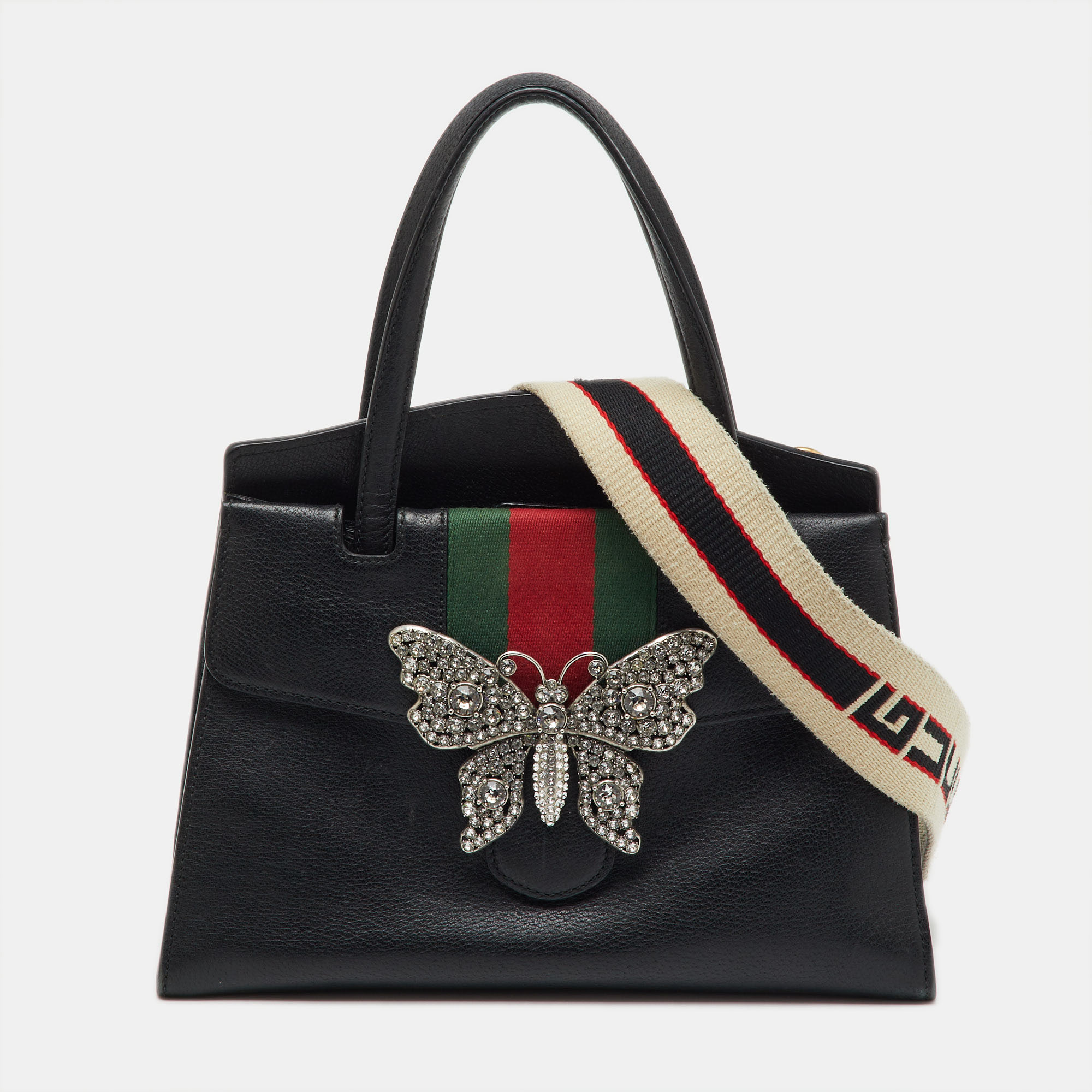 Pre-owned Gucci Black Leather Medium Web Butterfly Embellished Medium Linea Totem Tote