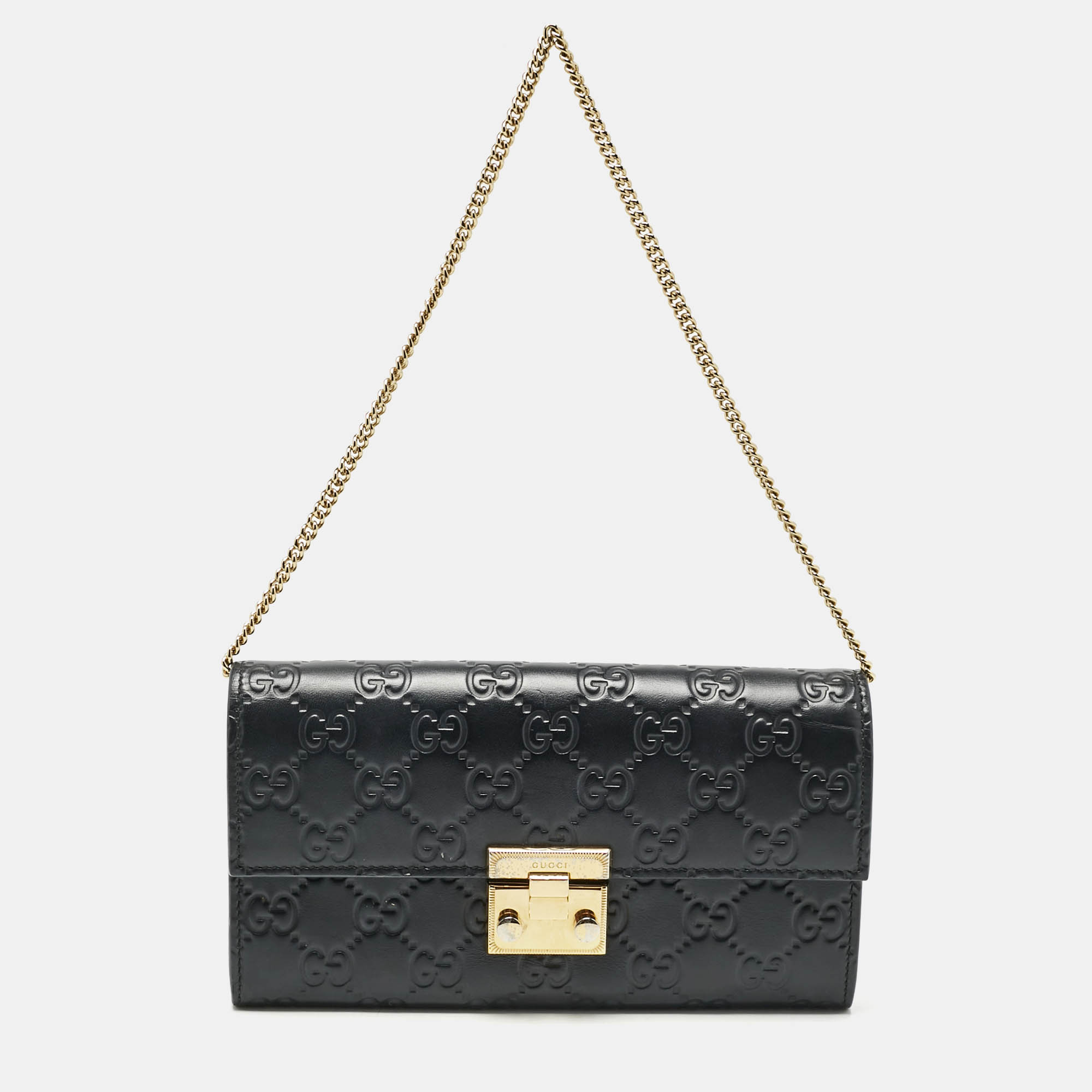 

Gucci Black Guccissima Leather Padlock Wallet On Chain