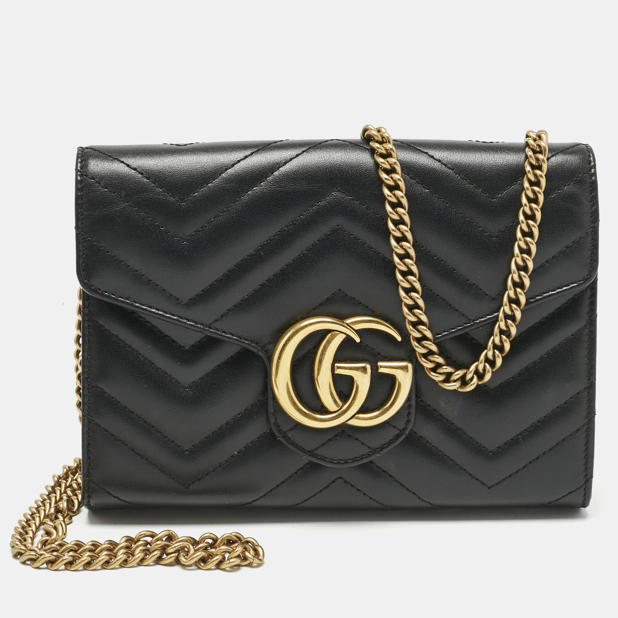 

Gucci Black Matelassé Leather GG Marmont Wallet on Chain