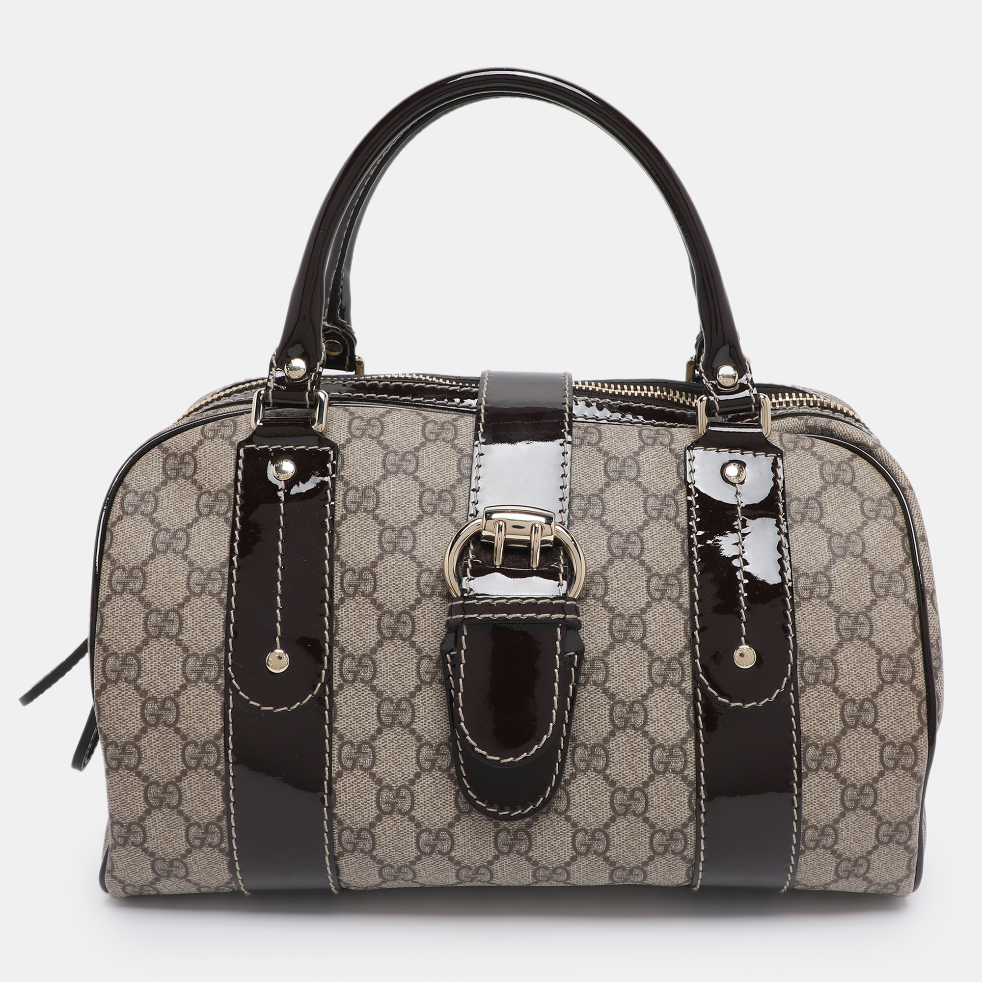 

Gucci Brown/Beige GG Supreme Canvas and Patent Leather Buckle Flap Boston Bag
