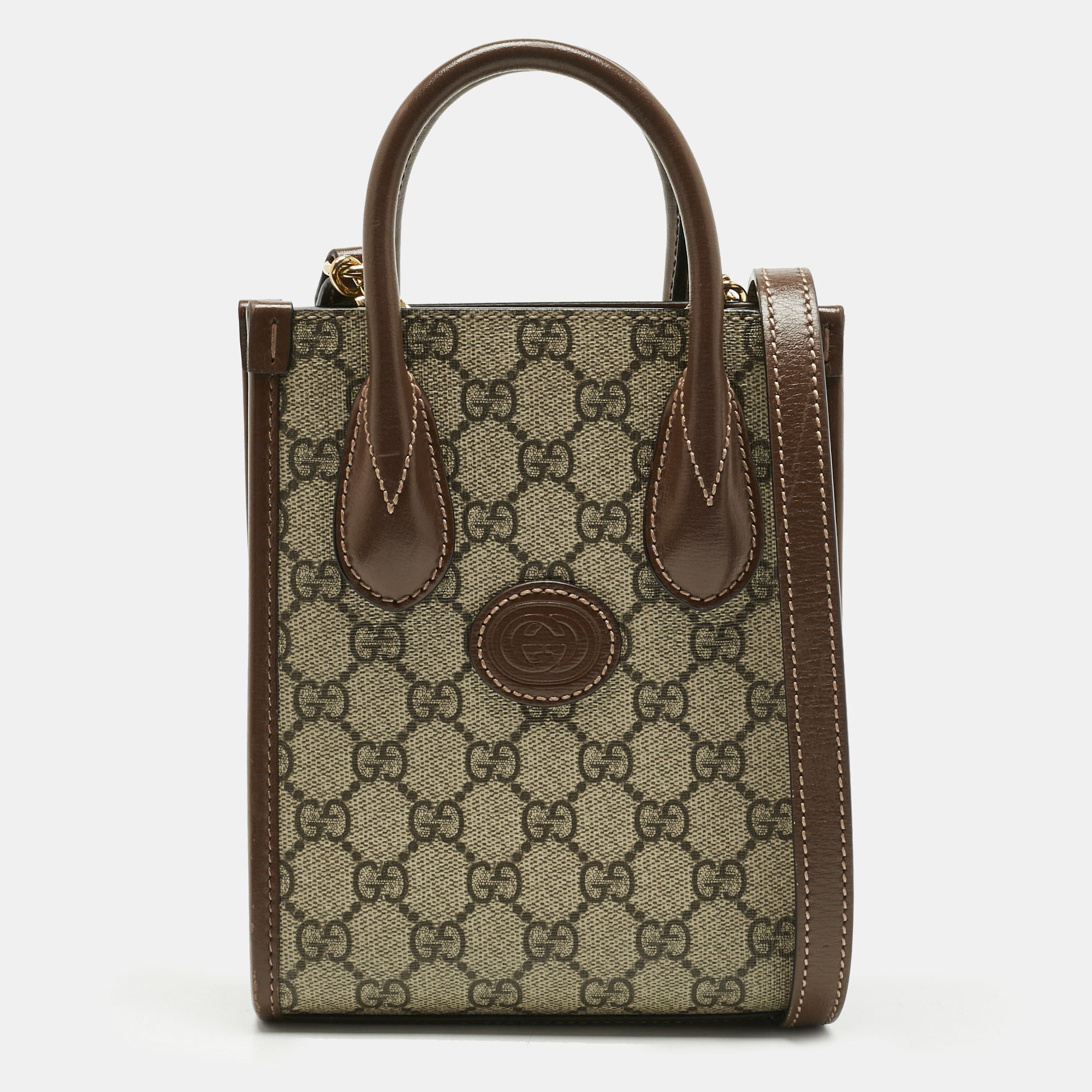 Pre-owned Gucci Beige/brown Gg Supreme Canvas And Leather Mini Interlocking G Tote In Sand