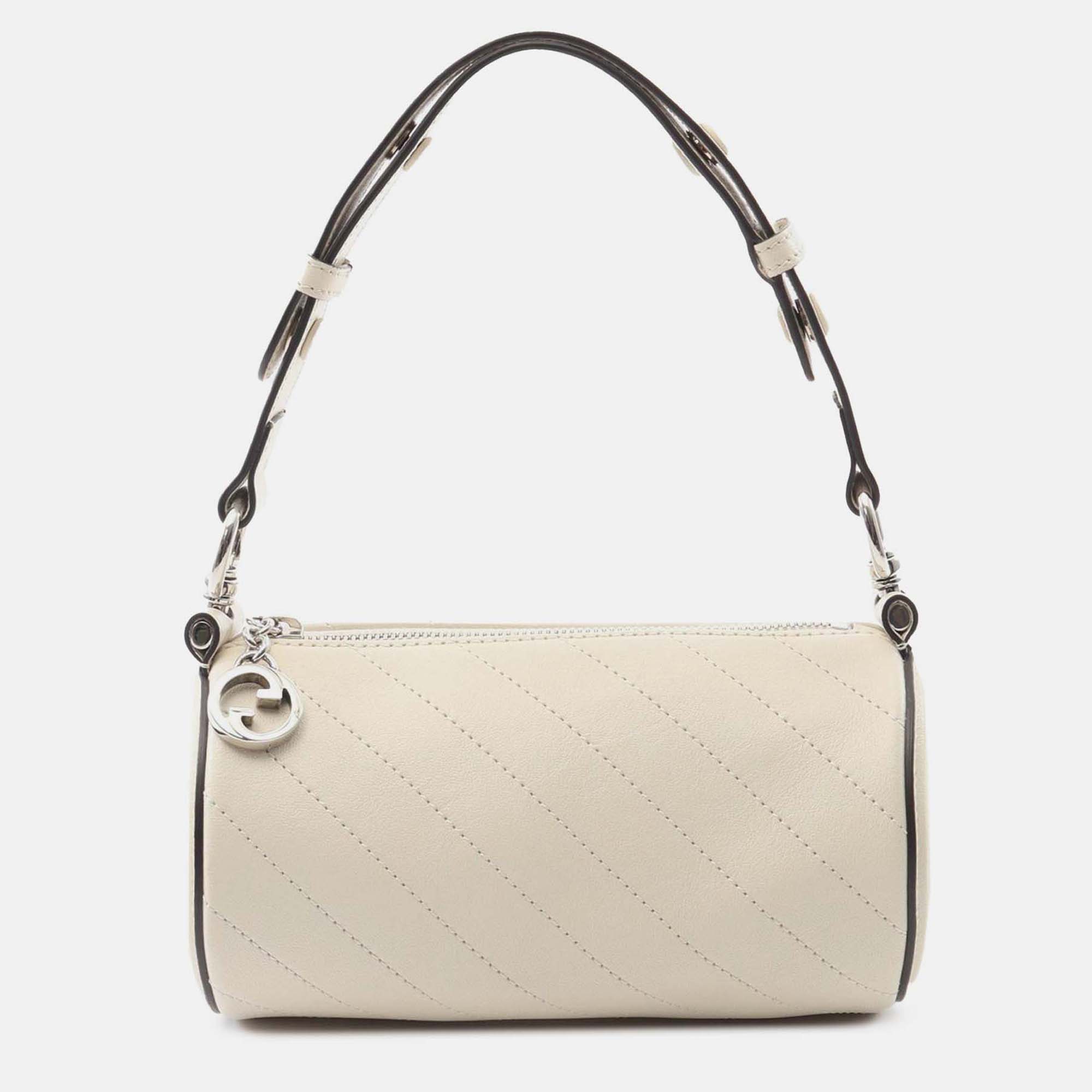 Pre-owned Gucci Cream Mini Leather Blondie Barrel Shoulder Bag In White