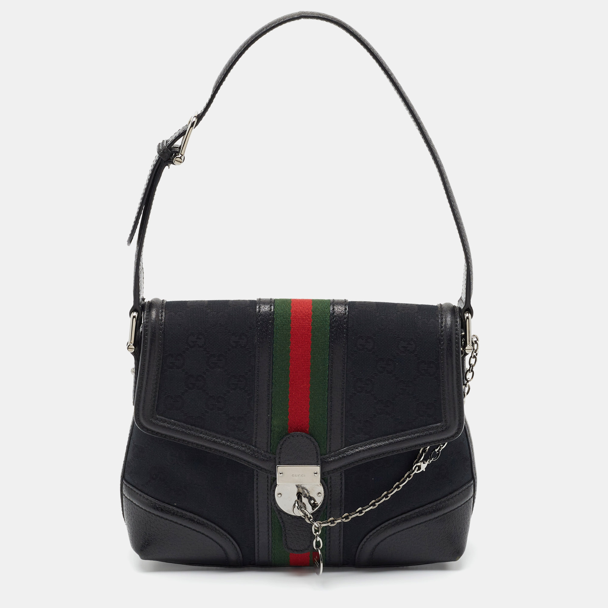

GuccI Black GG Canvas and Leather Web Treasure Shoulder Bag