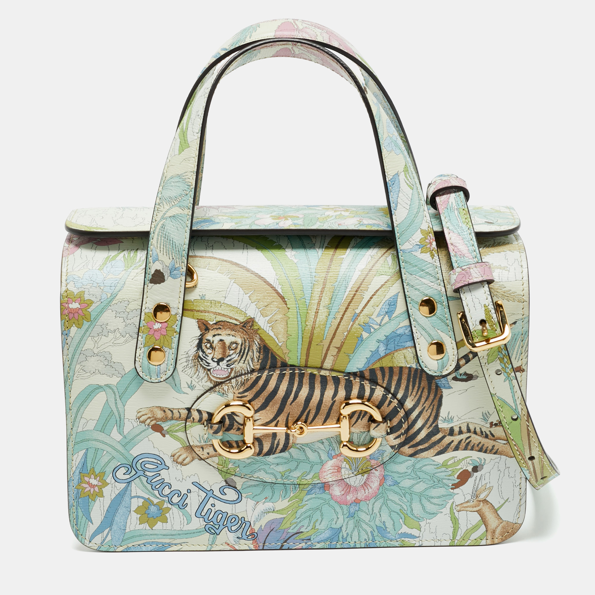 

Gucci Multicolor Tiger Print Leather Horsebit 1955 Top Handle Bag