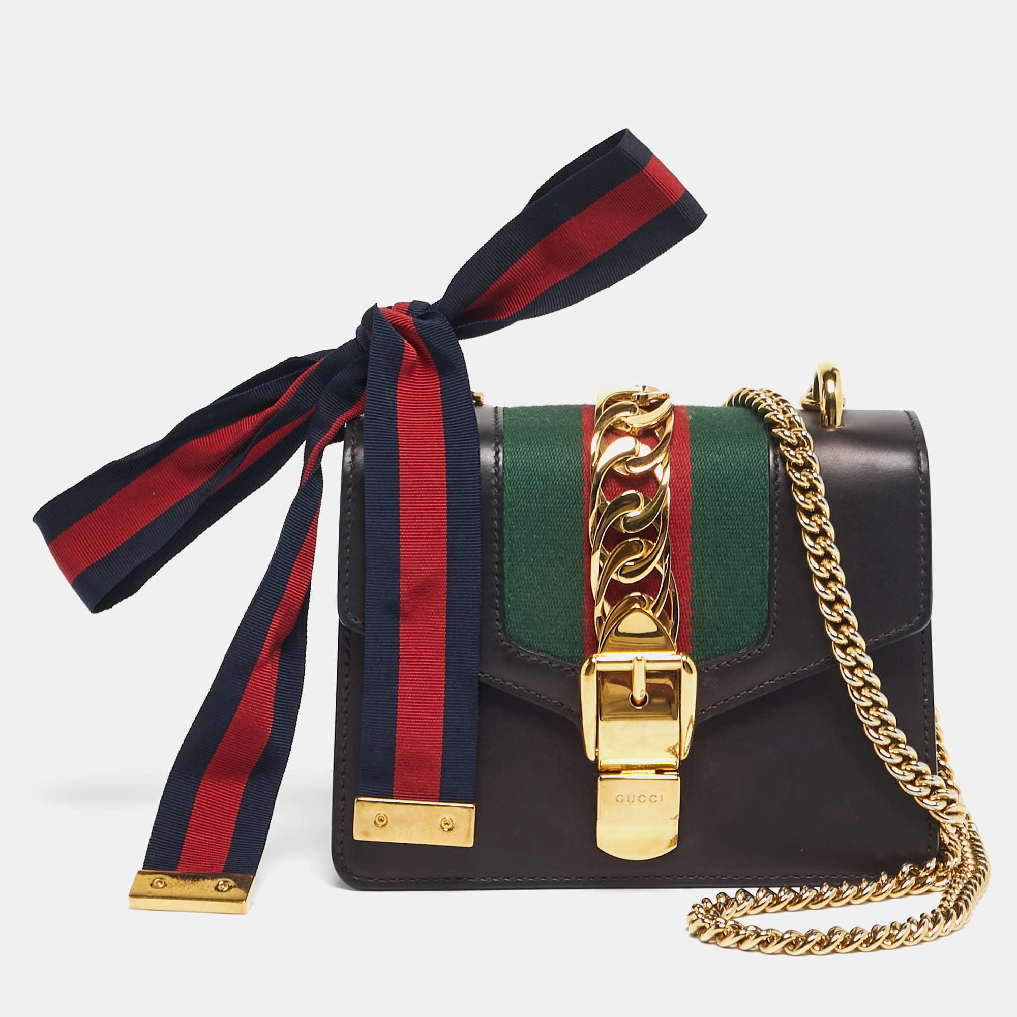 

Gucci Black Leather Mini Web Chain Sylvie Shoulder Bag