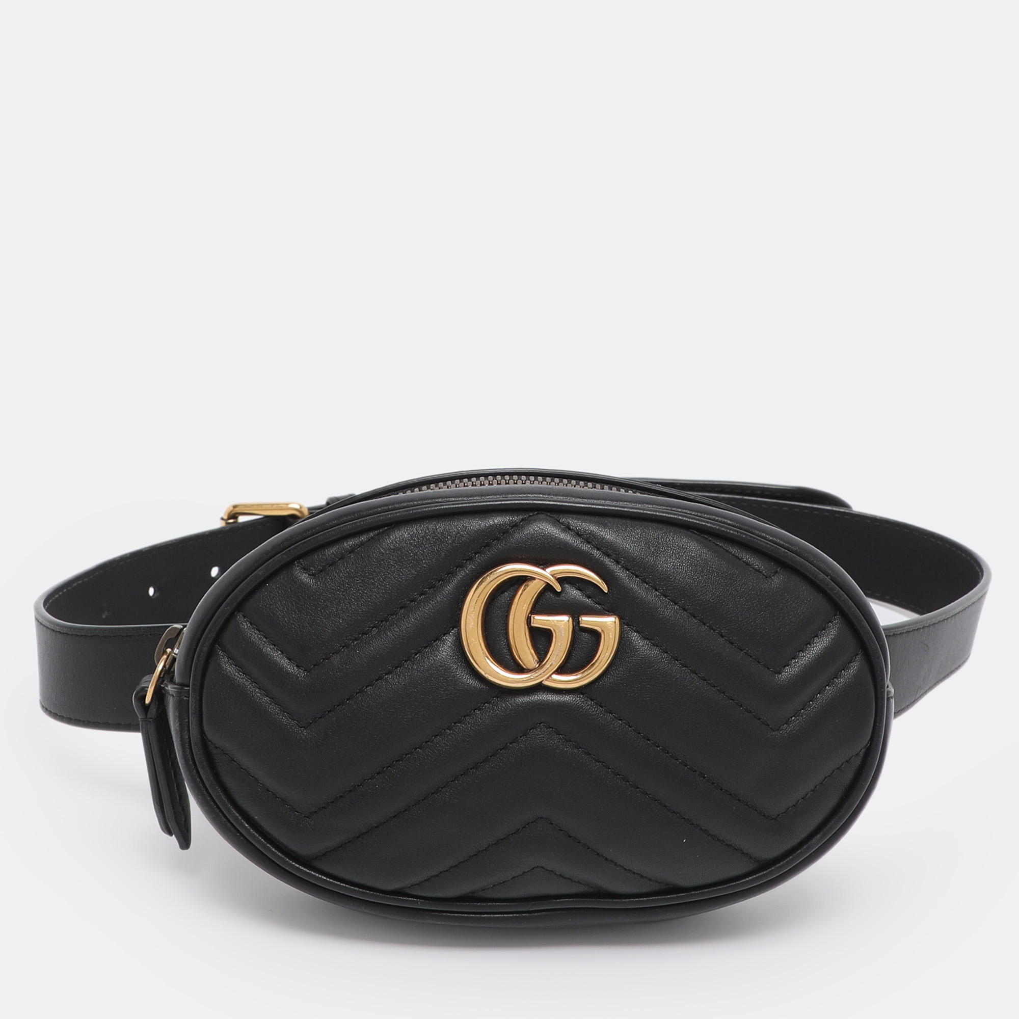 

Gucci Black Matelassé Leather GG Marmont Belt Bag