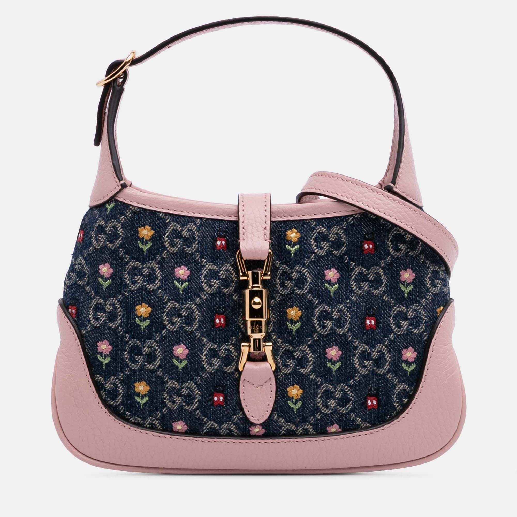 

Gucci Blue Limited Edition Mini GG Embroidered Denim Floral Jackie 1961 Crossbody