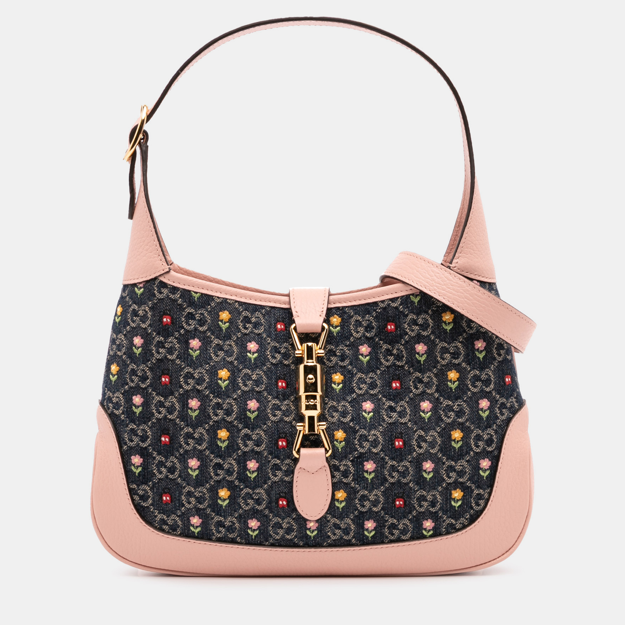

Gucci Blue/Pink Limited Edition Small GG Embroidered Denim Floral Jackie 1961 Crossbody