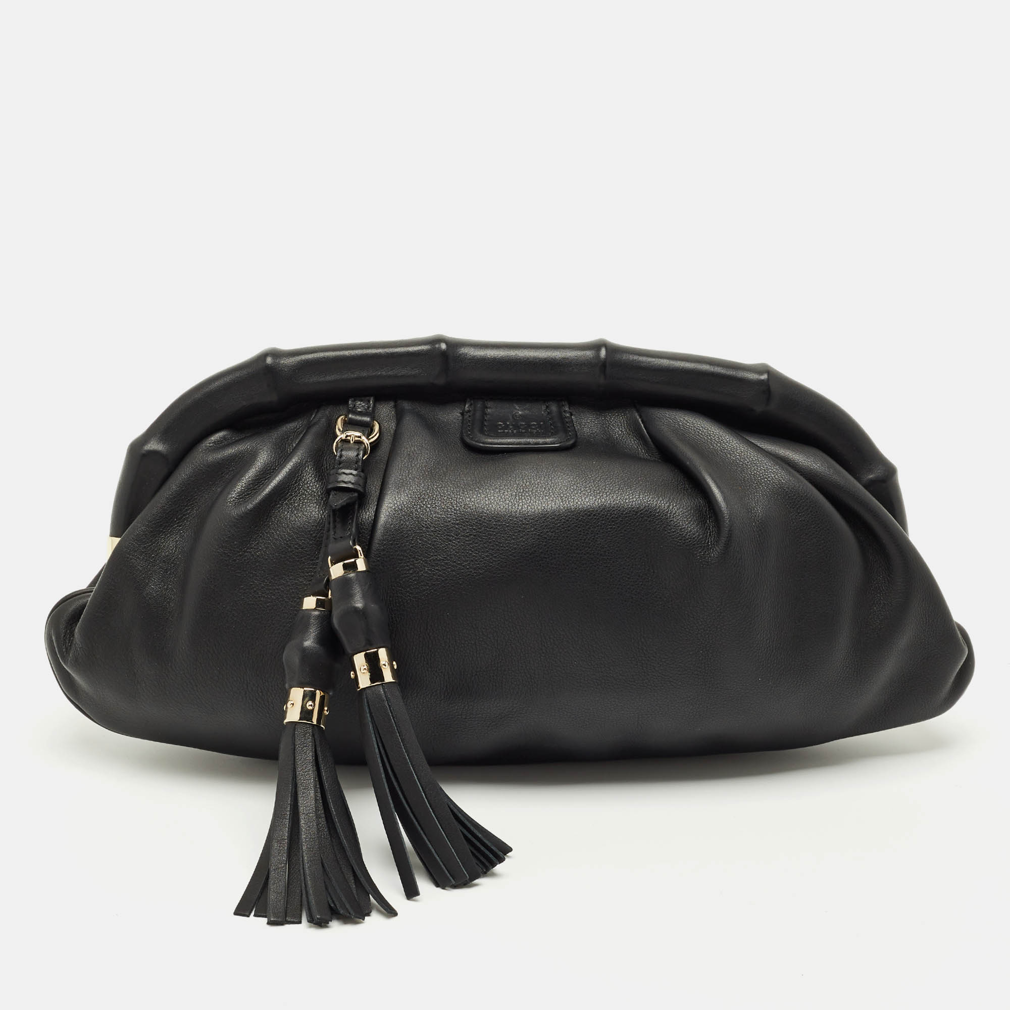 

Gucci Black Leather Bamboo Frame Tassel Clutch