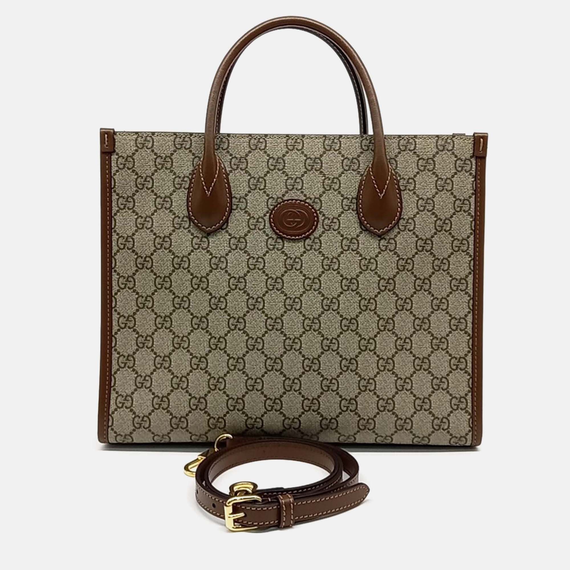 

Gucci Beige Brown Leather and PVC GG Small Tote Bag