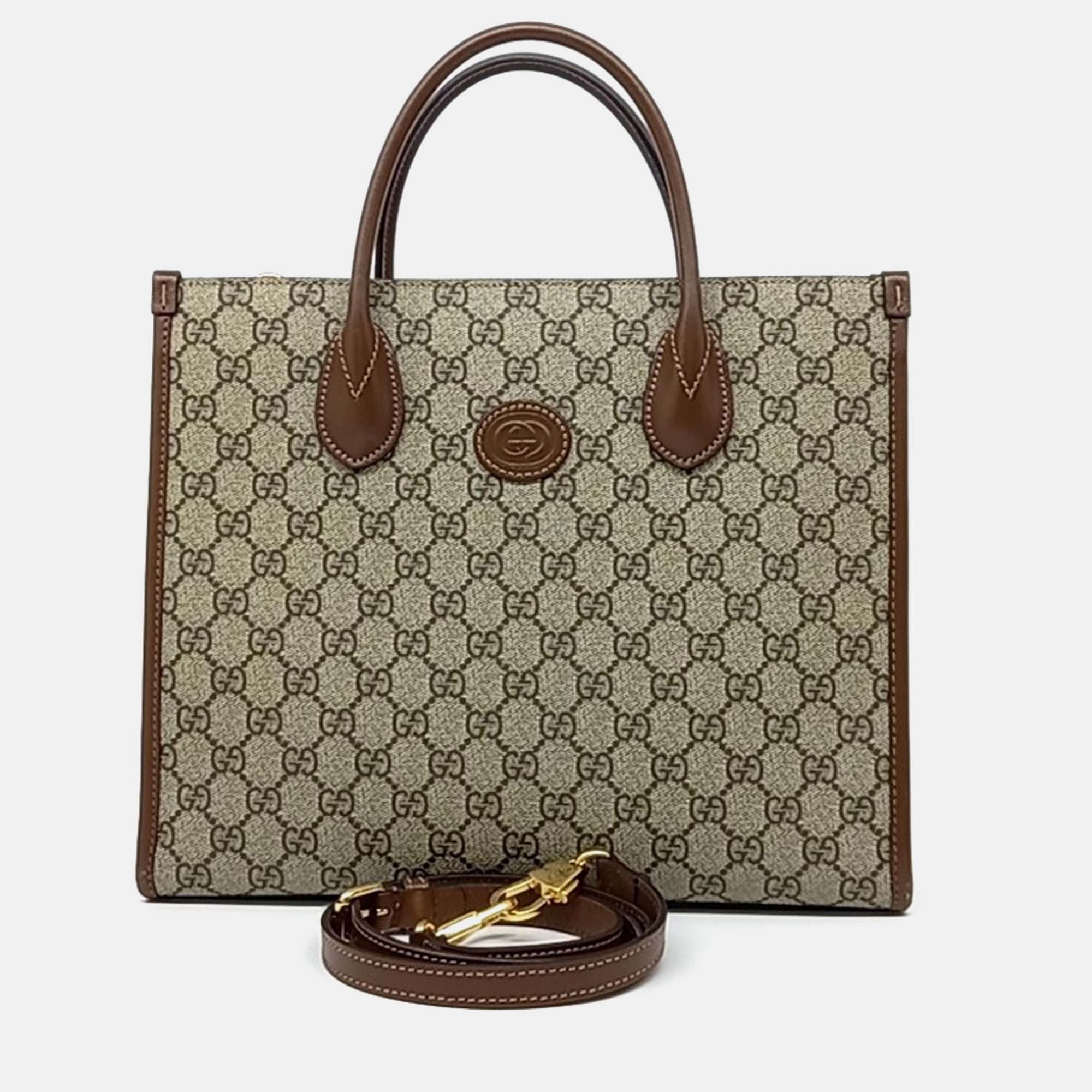 

Gucci Beige Brown Leather and PVC Supreme Interlocking G Small Tote Bag