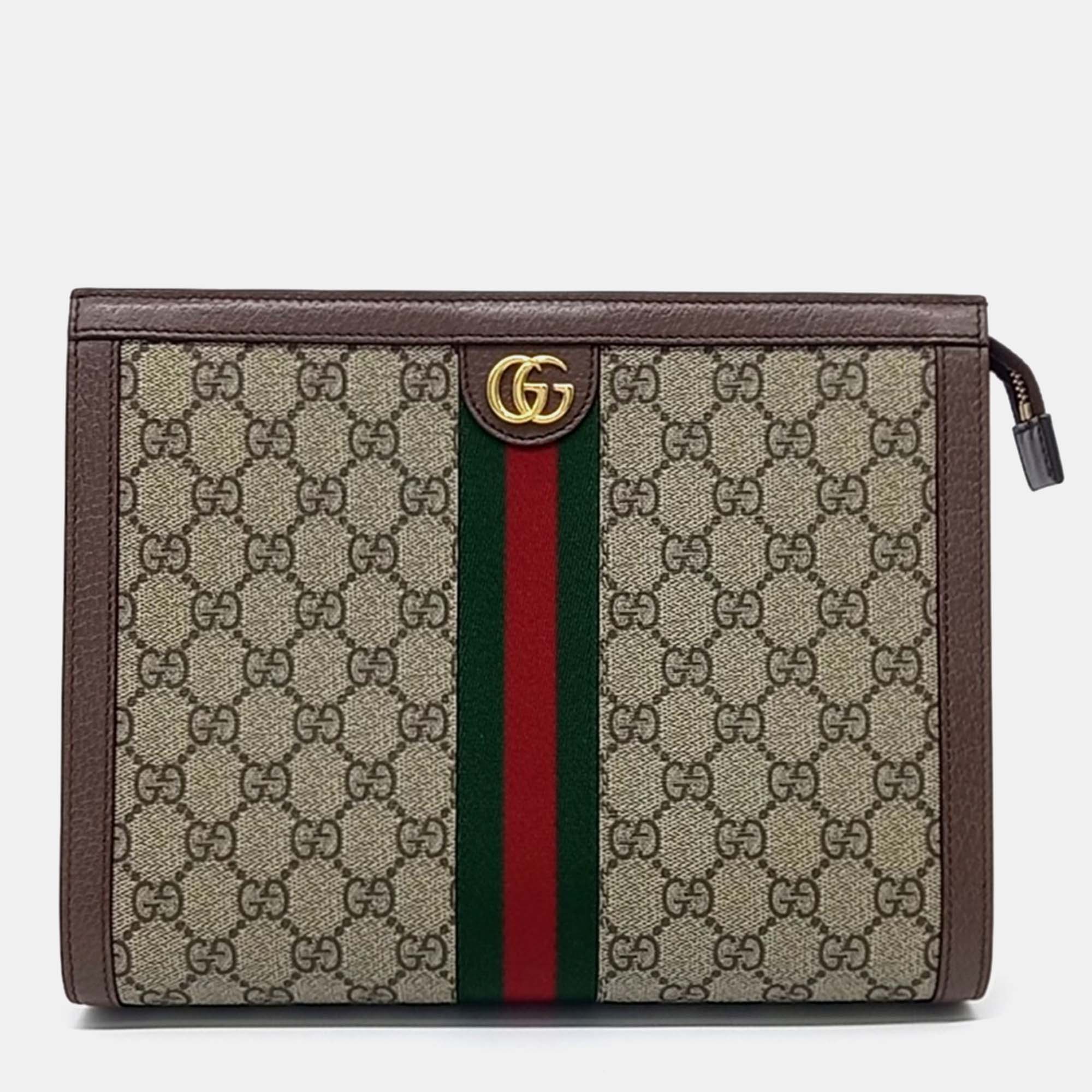 

Gucci Beige Brown Leather and PVC Ophidia Clutch