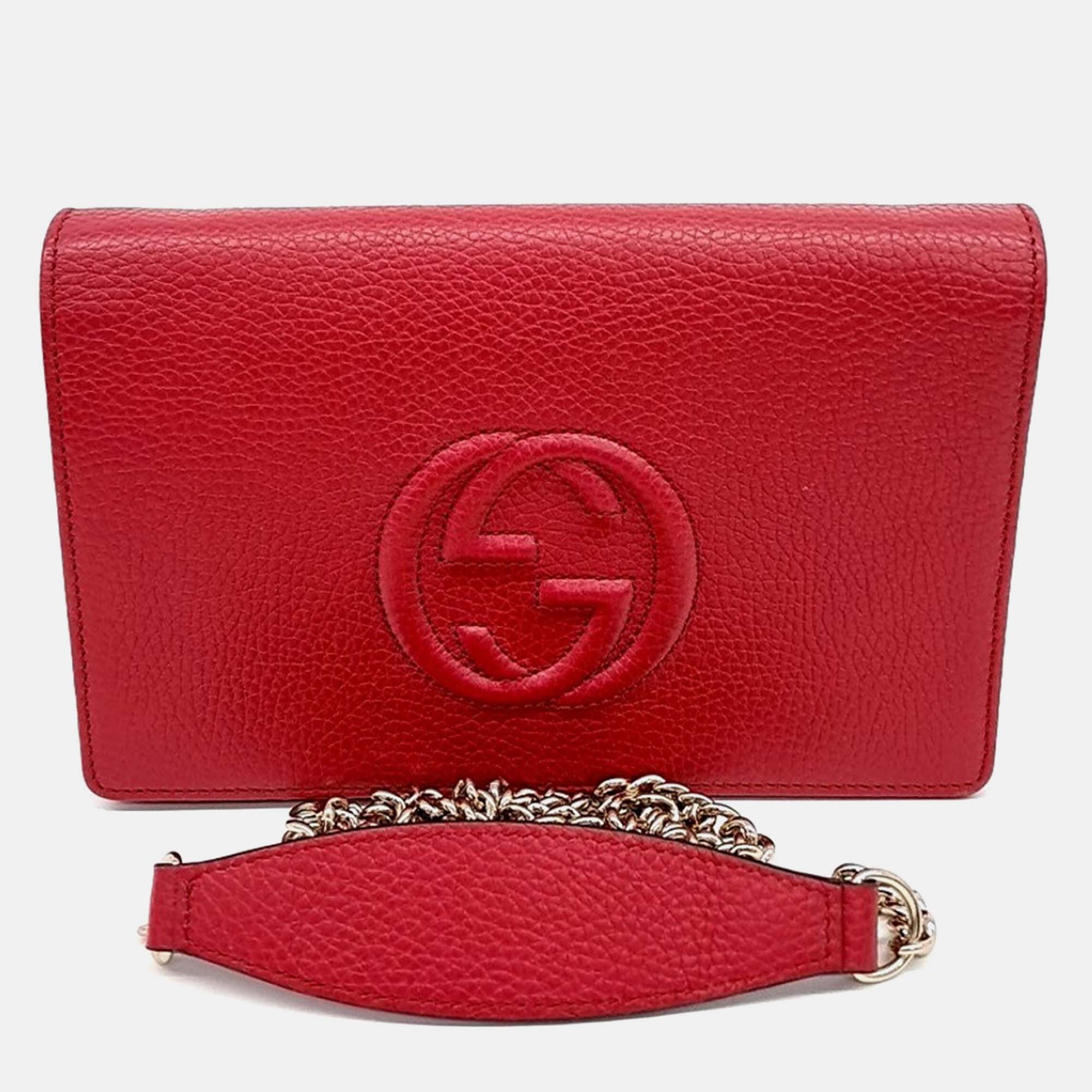 Pre-owned Gucci Red Leather Soho Chain Crossbody Bag