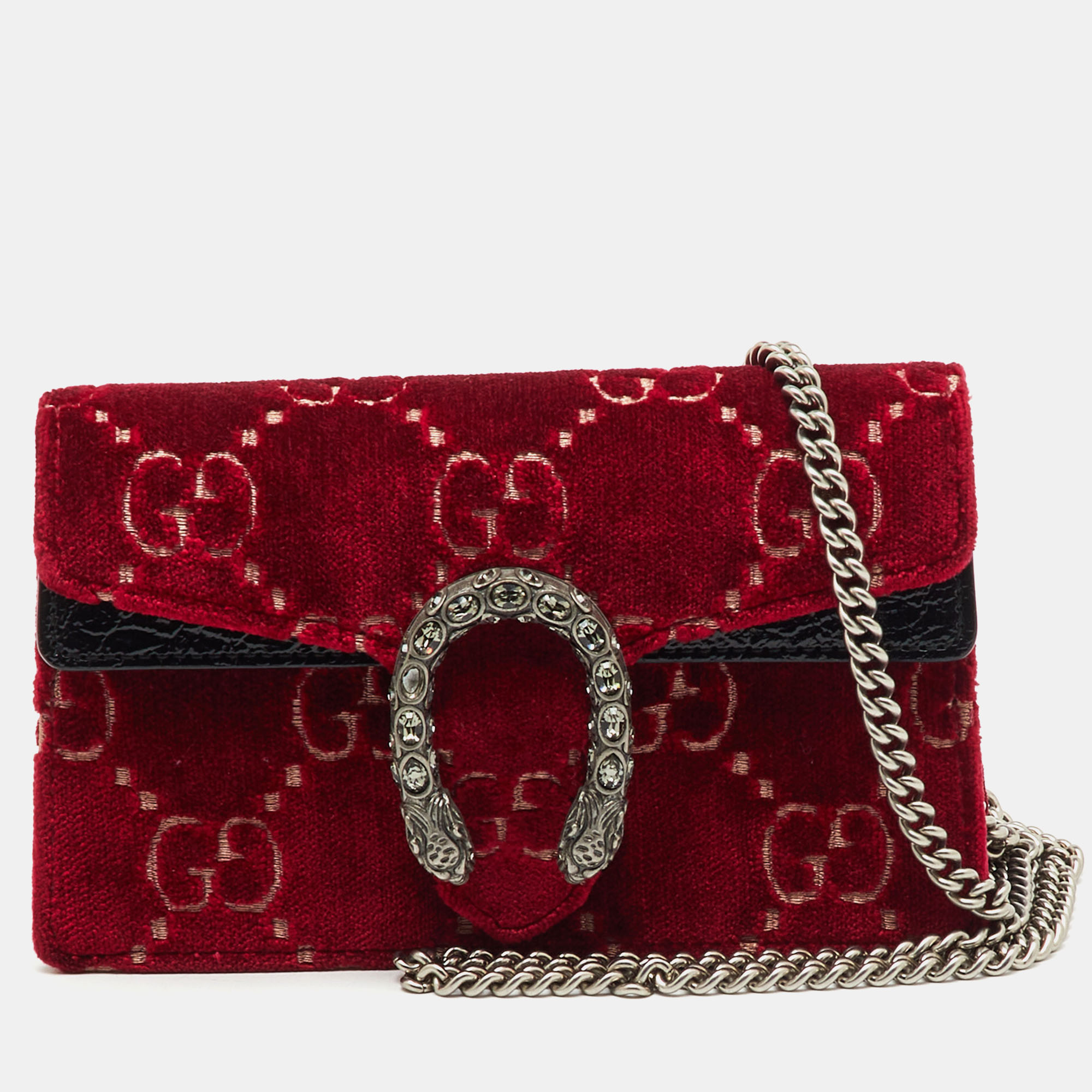 Pre-owned Gucci Red/black Gg Velvet And Patent Leather Super Mini Dionysus Crossbody Bag