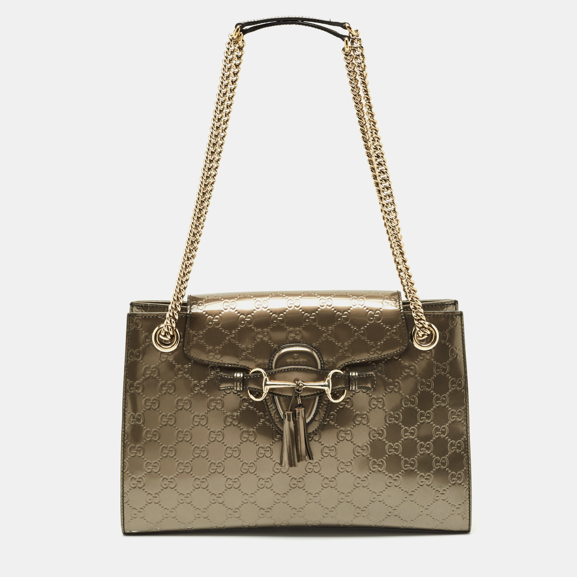Pre-owned Gucci Ssima Patent Leather Large Emily Chain Shoulder Bag In Silver