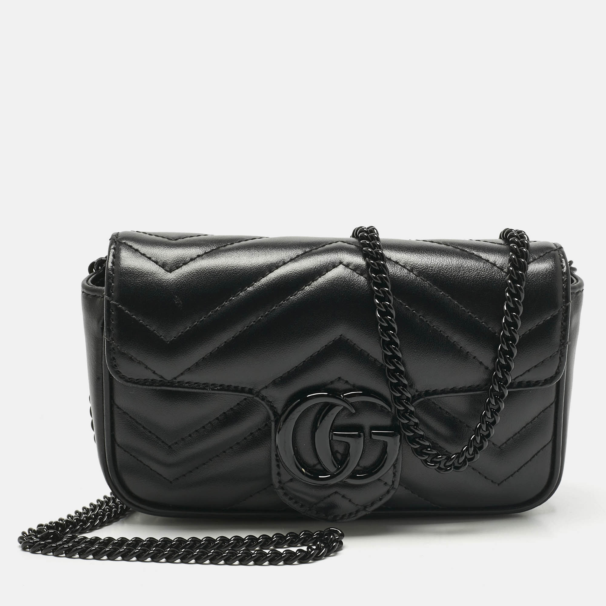 Pre-owned Gucci Black Matelassé Leather Super Mini Gg Marmont Shoulder Bag