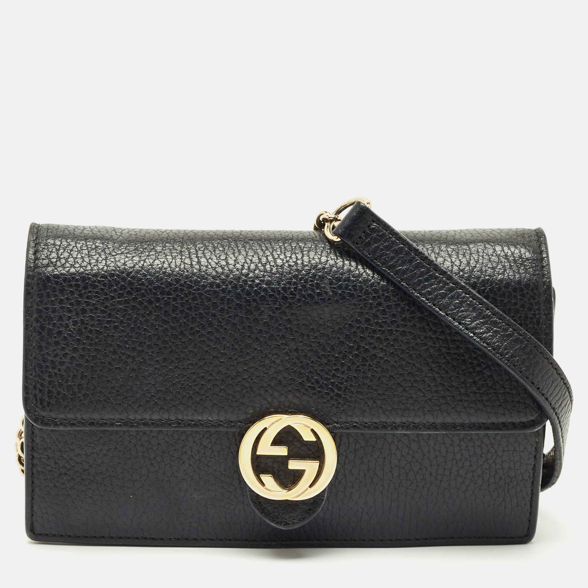 Pre-owned Gucci Black Leather Interlocking G Wallet On Chain
