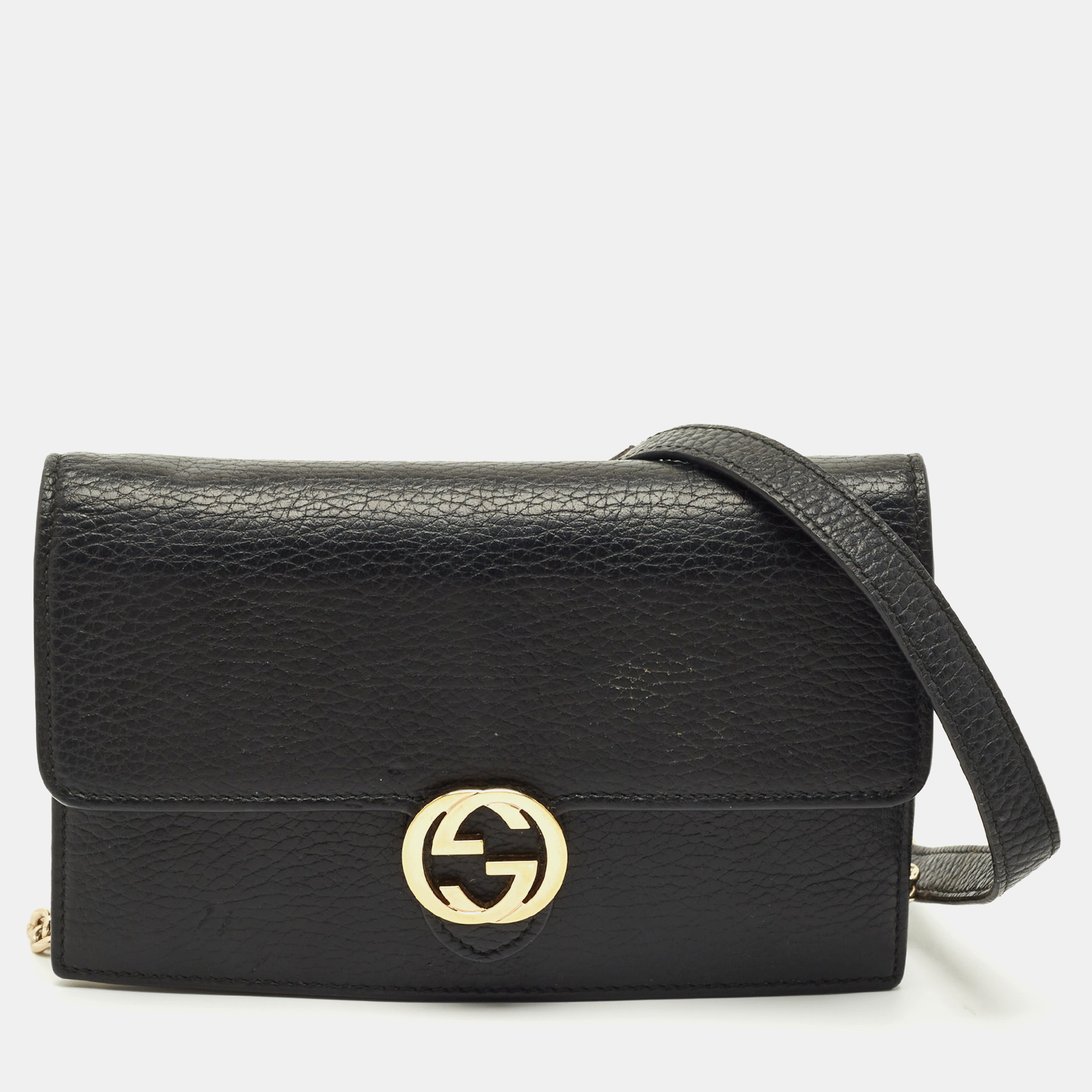 Pre-owned Gucci Black Leather Interlocking G Dollar Chain Wallet