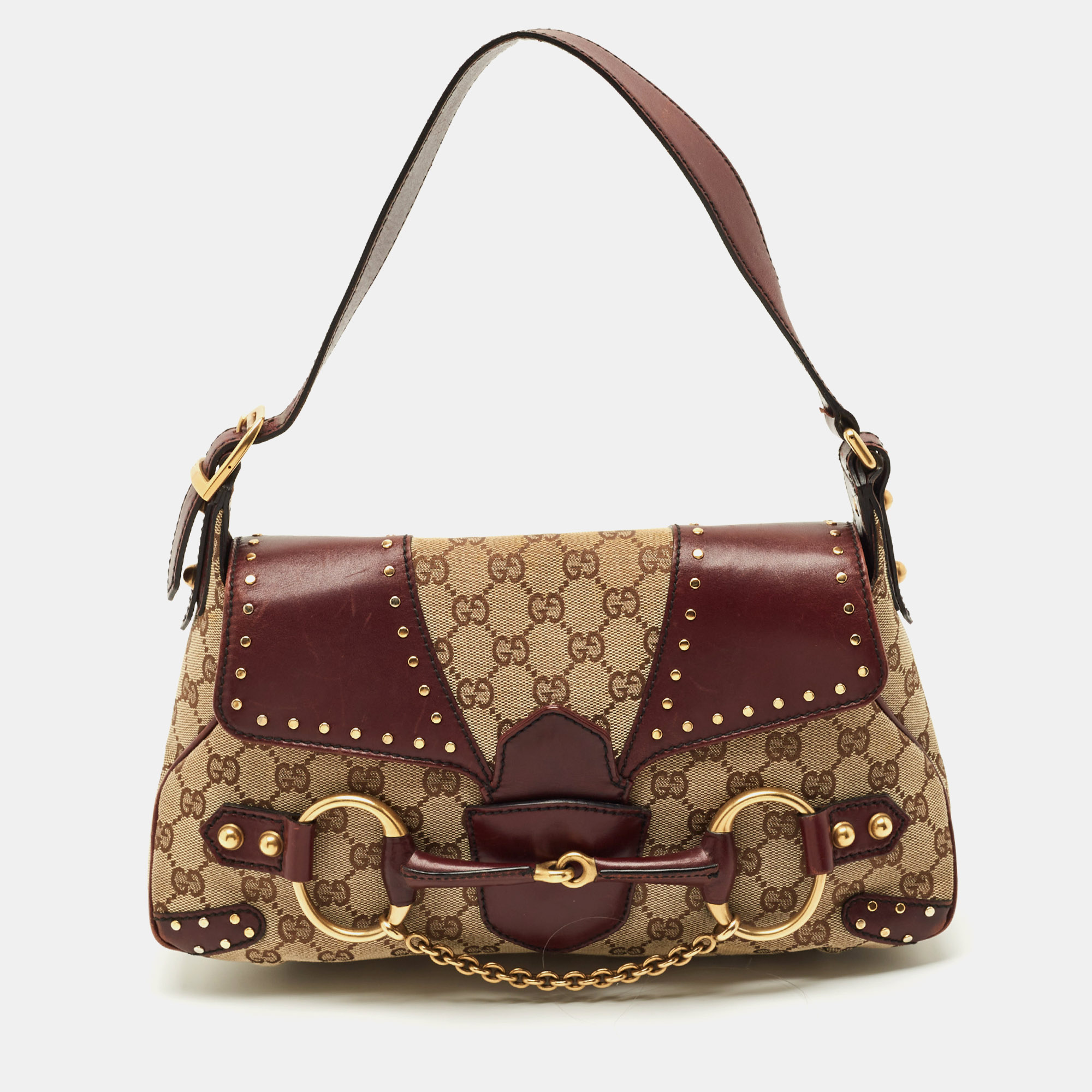 

Gucci Burgundy/Beige GG Canvas and Leather Horsebit Chain Shoulder Bag