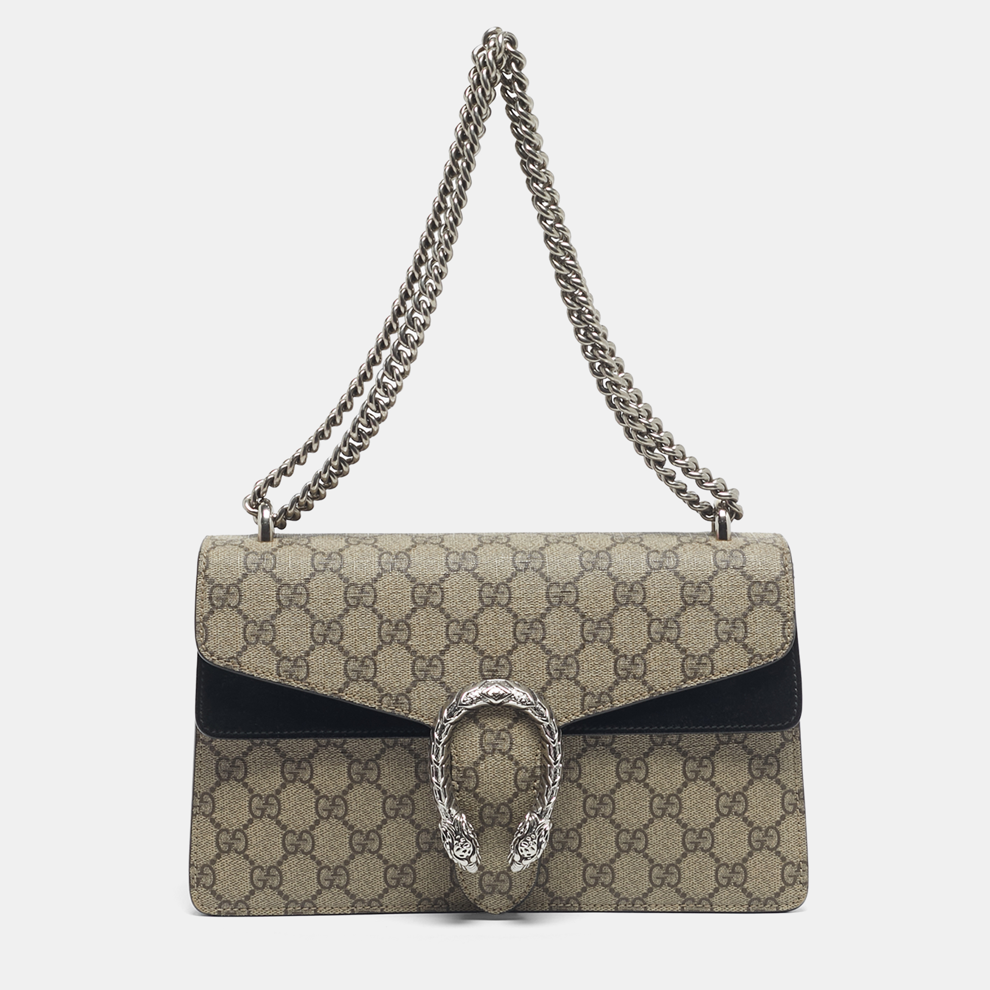 Pre-owned Gucci Beige/black Gg Supreme Canvas And Suede Small Dionysus Shoulder Bag In Sand