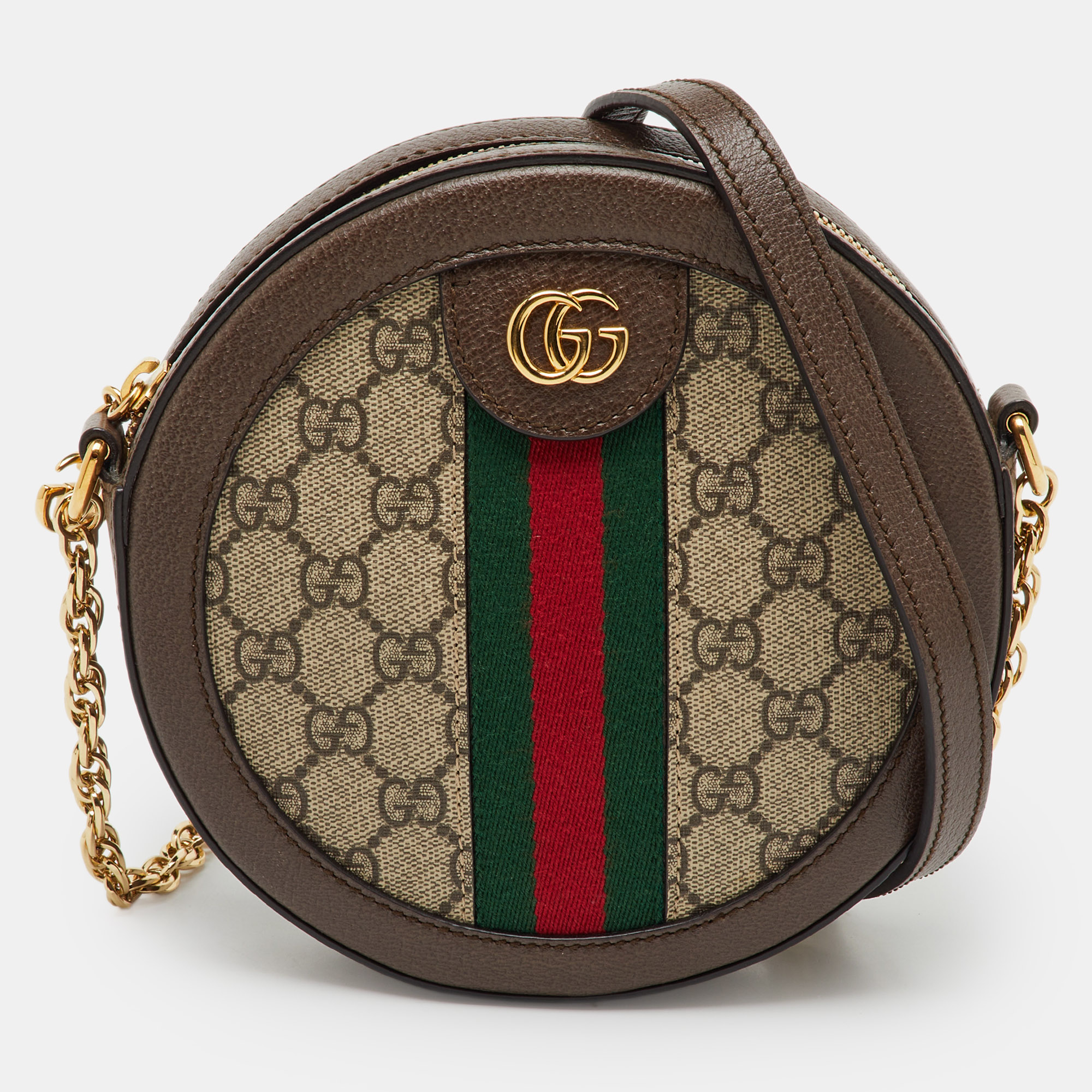 Pre-owned Gucci Brown/beige Gg Supreme Canvas And Leather Mini Ophidia Round Bag