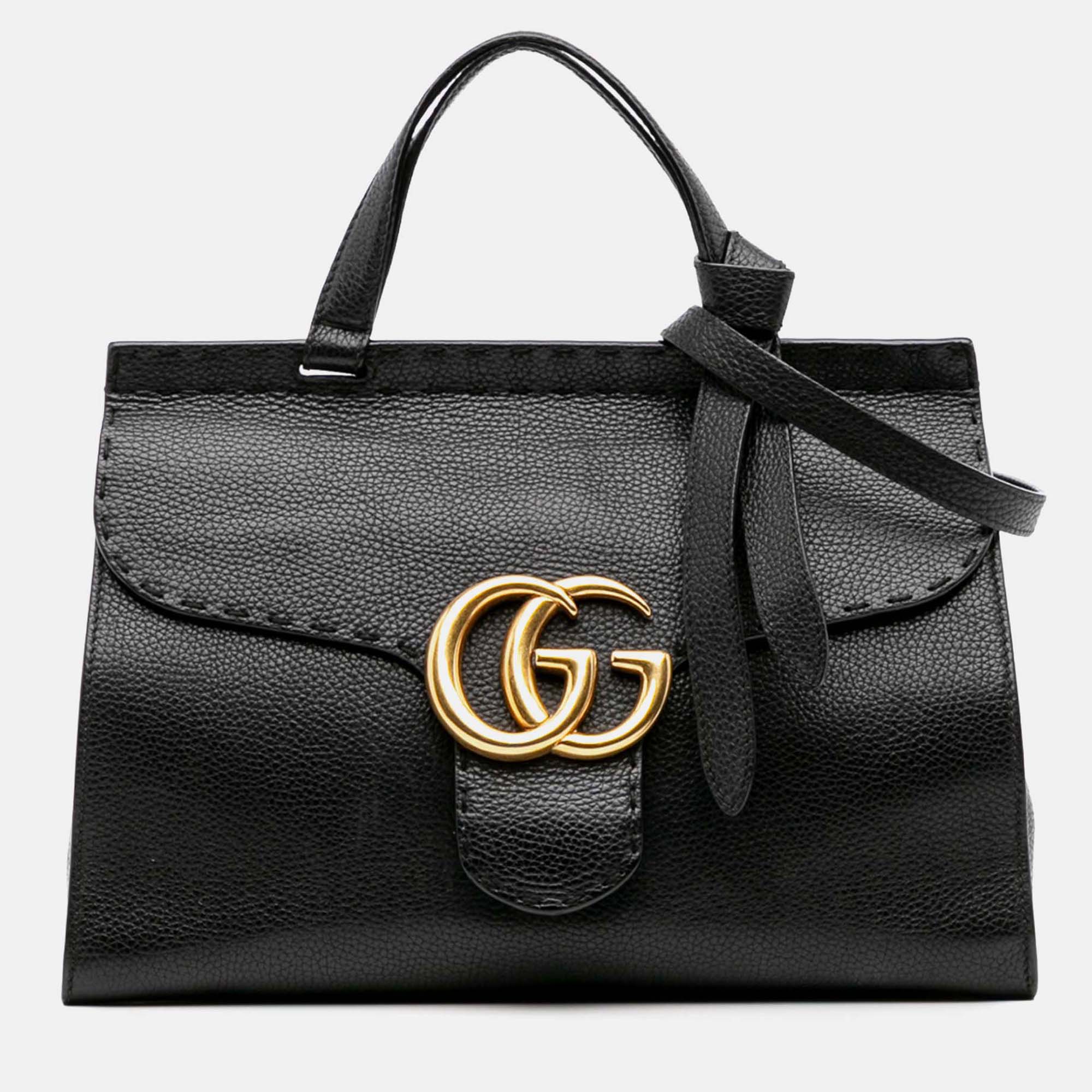 

Gucci Black Small GG Marmont Grained Calfskin Top Handle Satchel