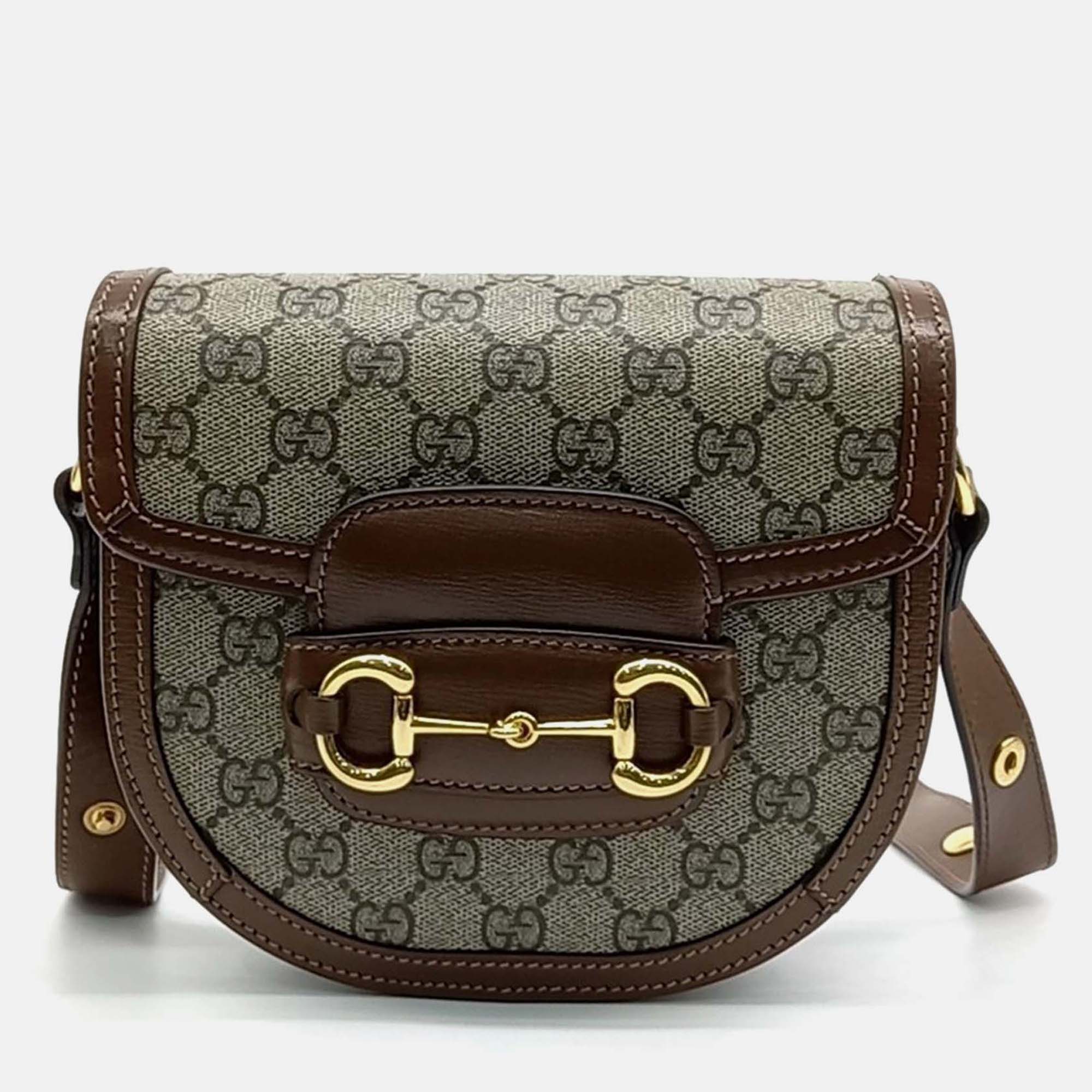 Pre-owned Gucci Beige Brown Canvas 1955 Horsebit Round Mini Bag In Sand