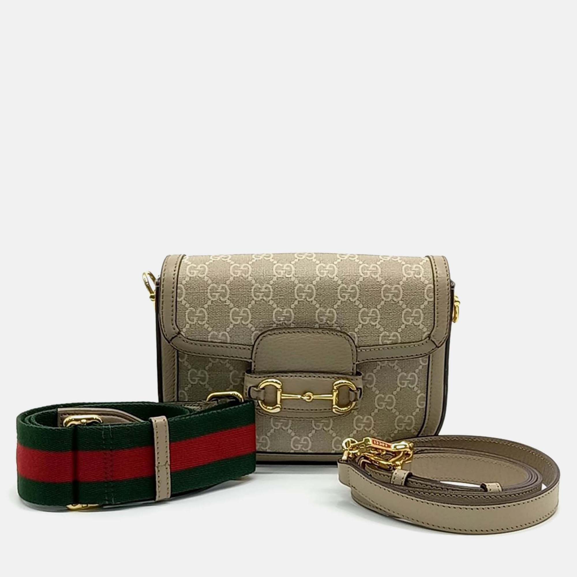 Pre-owned Gucci Beige Canvas And Leather Horsebit 1955 Mini Bag In Sand