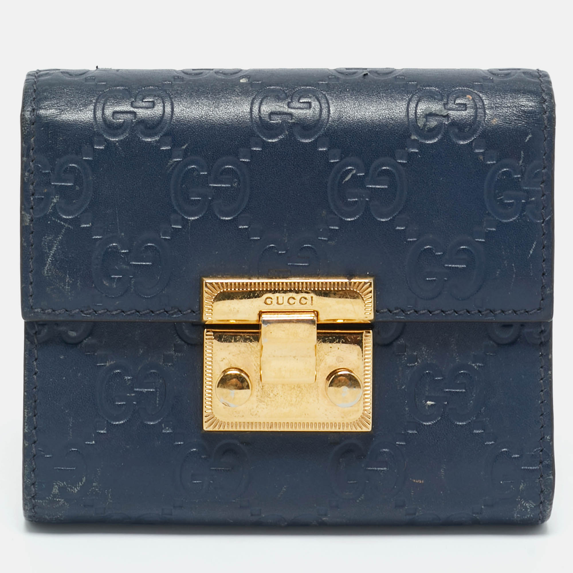 Pre-owned Gucci Ssima Leather Pushlock Trifold Wallet In Blue