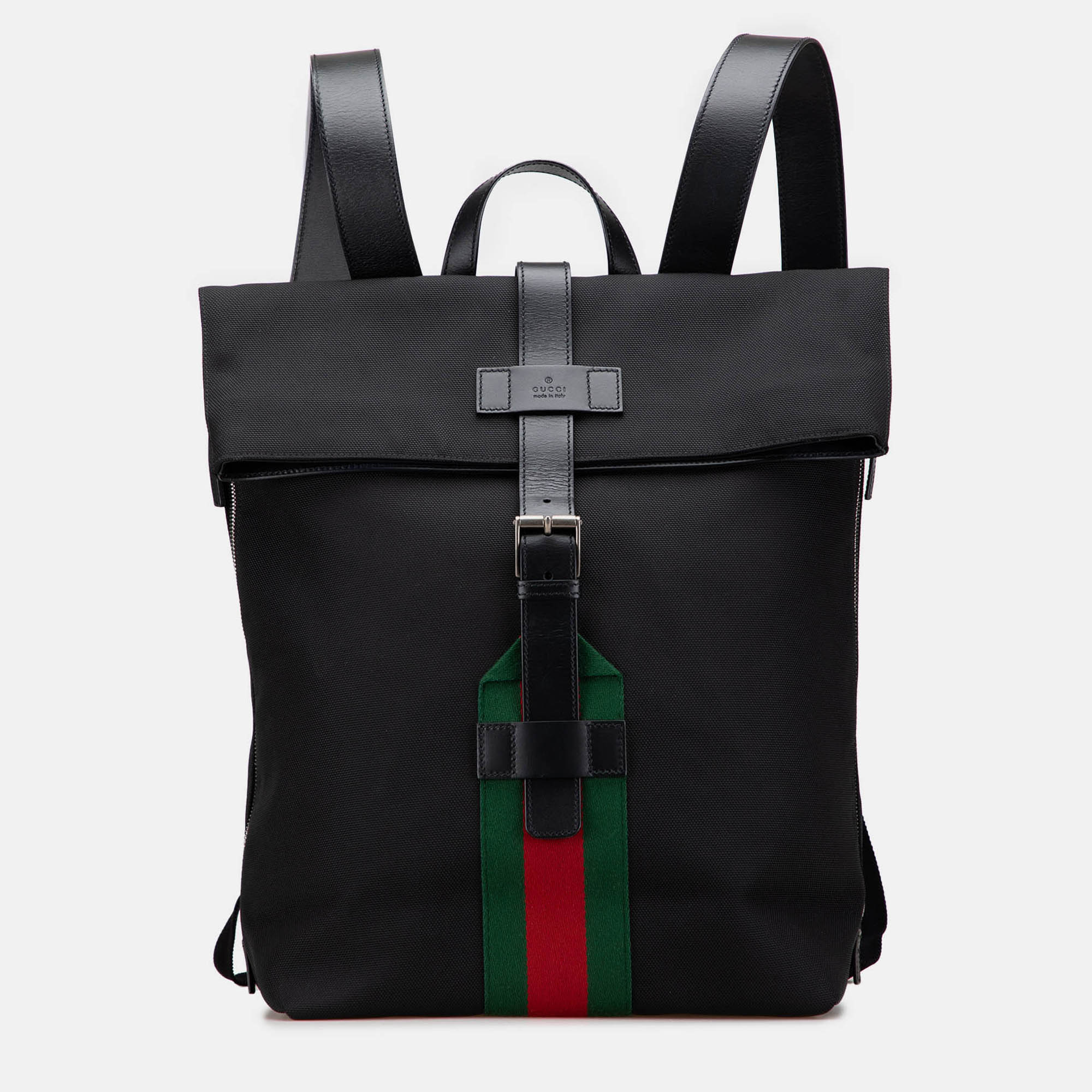 Pre-owned Gucci Black Canvas Techno Web Fold Over Backpack